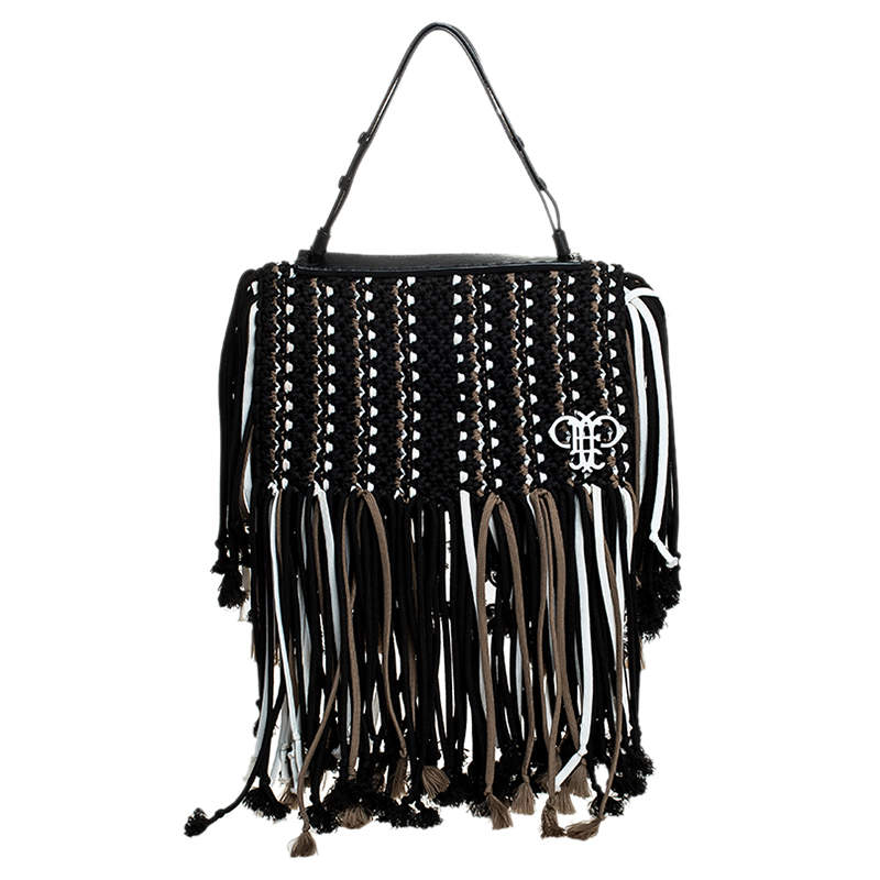 Emilio Pucci Black Fabric Fringe Macrame Shoulder Bag