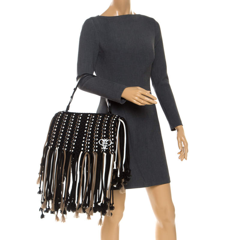 Emilio Pucci Black Fabric Fringe Macrame Shoulder Bag