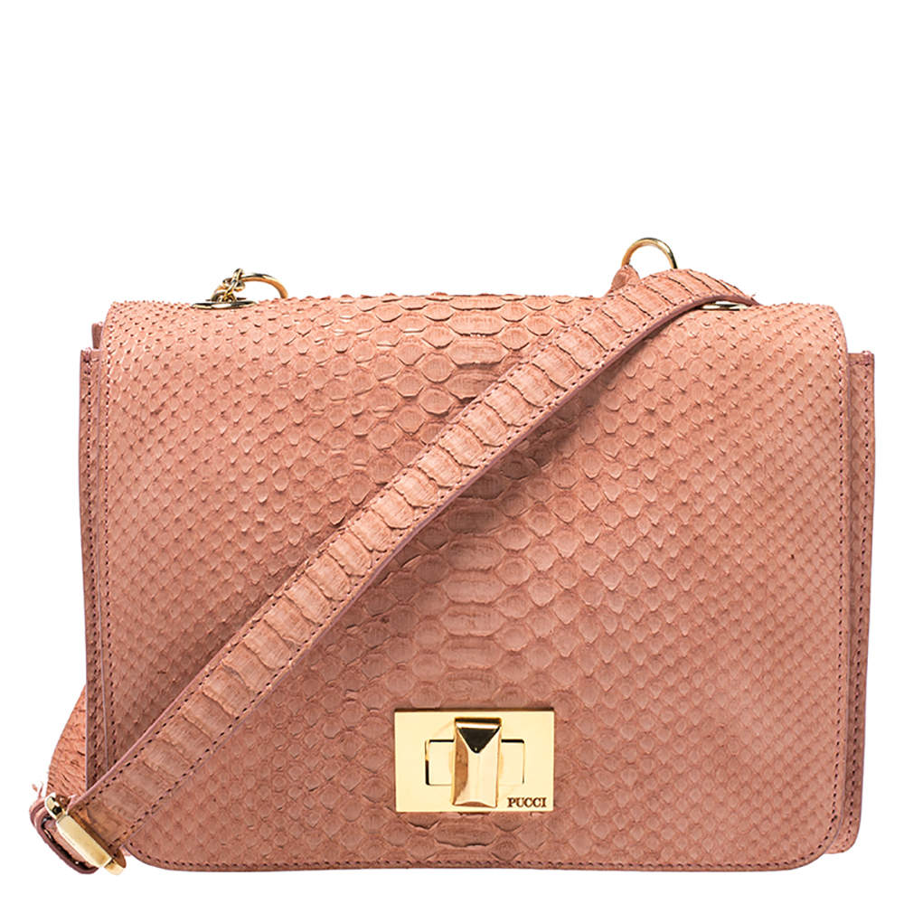 Pre Owned Emilio Pucci Coral Snakeskin Effect Leather Flap Shoulder Bag