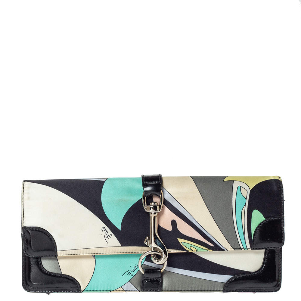 Emilio Pucci Multicolor Printed Satin and Patent Leather Clutch