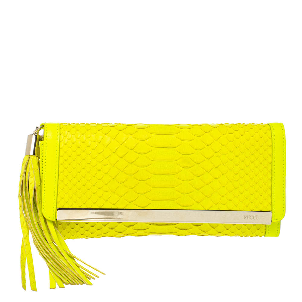 Emilio Pucci Neon Green Python and Leather Metal Bar Flap Clutch
