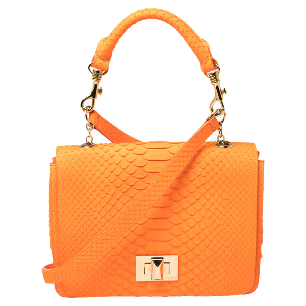 Emilio Pucci Neon Orange Python Marquise Top Handle Bag