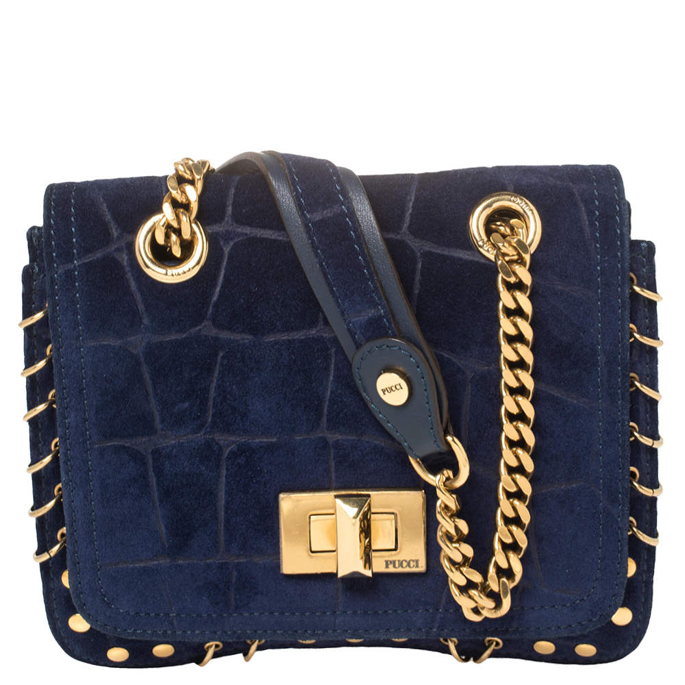 Pre Owned Emilio Pucci Royal Blue Suede Small Marquise Shoulder Bag