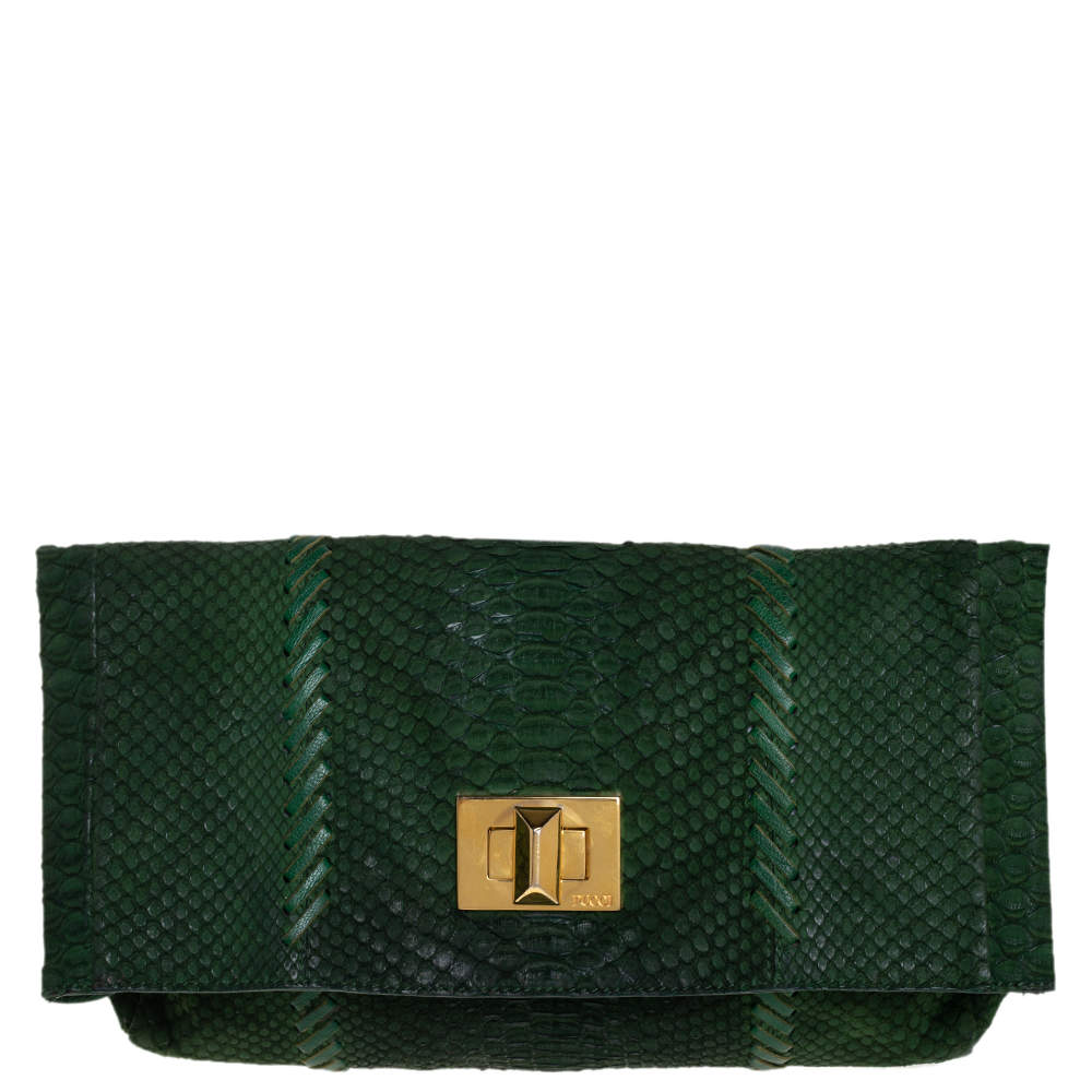 Emilio Pucci Green Python Fold Over Flap Clutch 