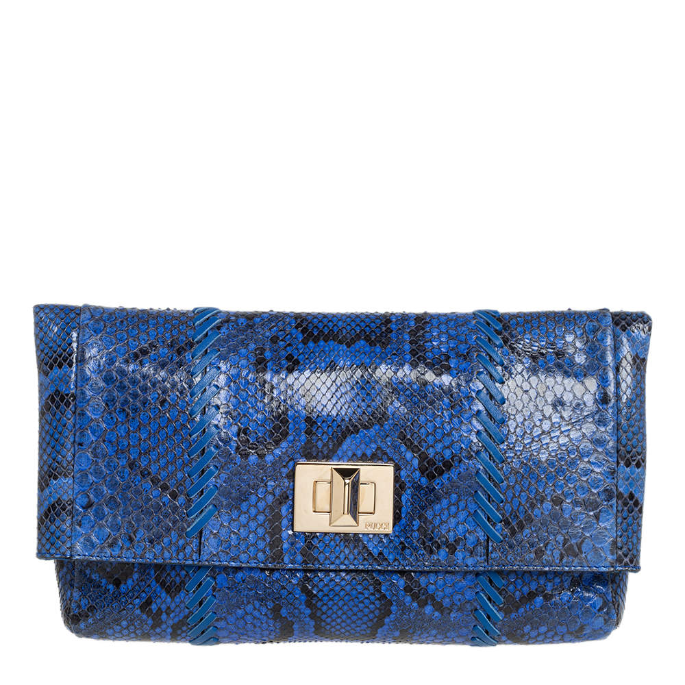 Emilio Pucci Blue Python Fold Over Flap Clutch 