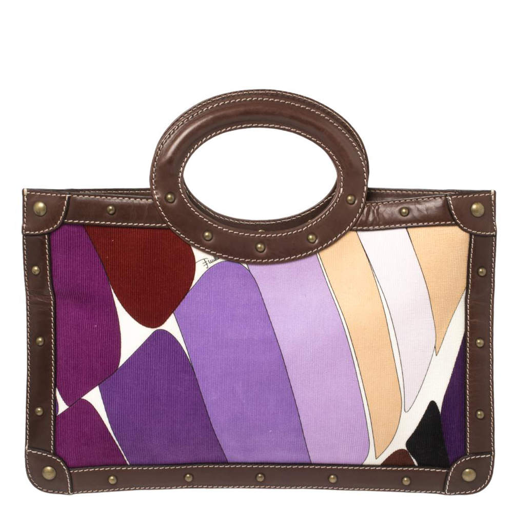 Emilio Pucci Multicolor Printed Corduroy and Leather Ring Handle Tote