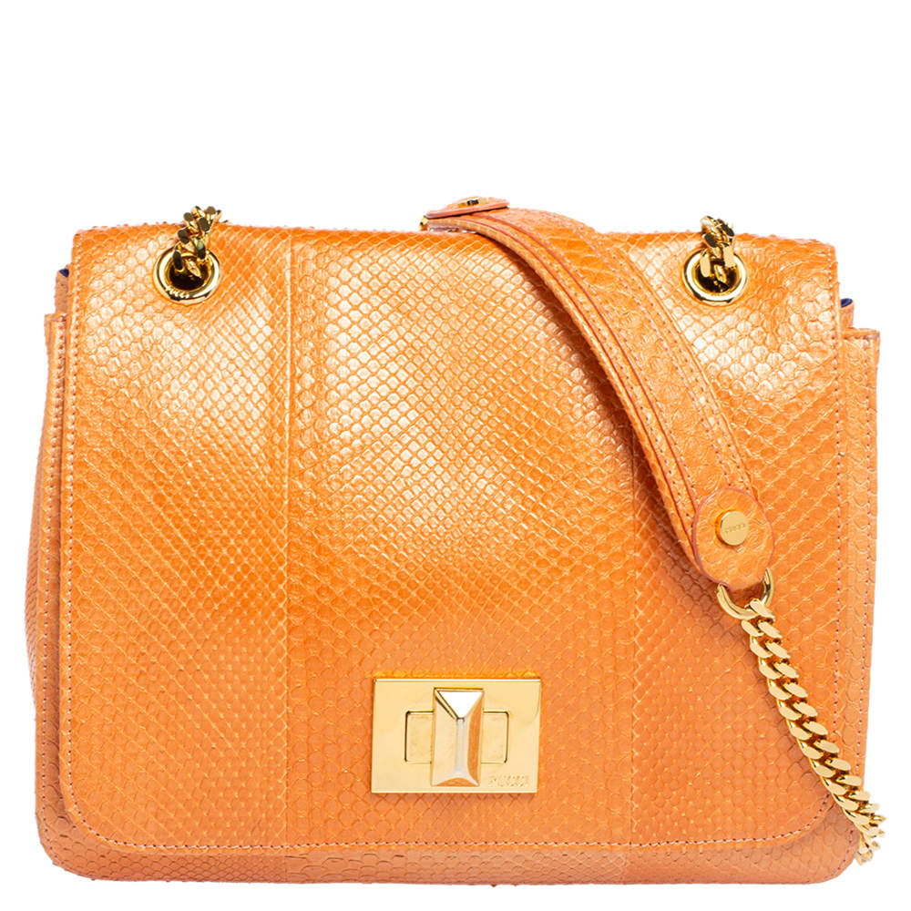 Pre Owned Emilio Pucci Orange Snakeskin Marquise Shoulder Bag