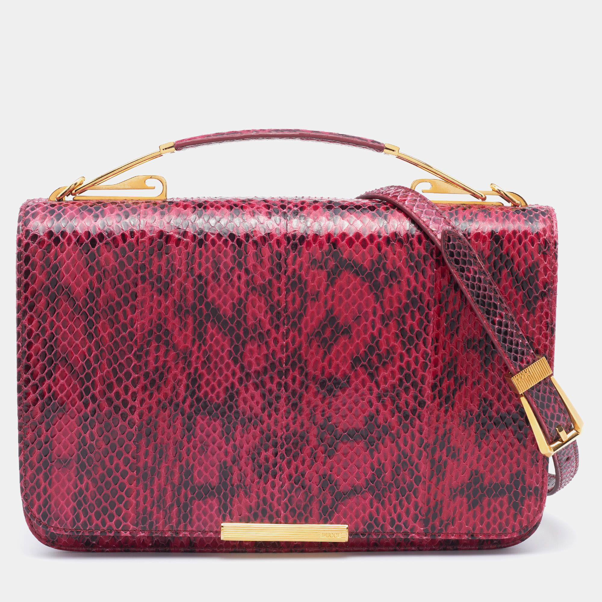 Pre Owned Emilio Pucci Pink/Black Snakeskin Leather Newton Top Handle Bag