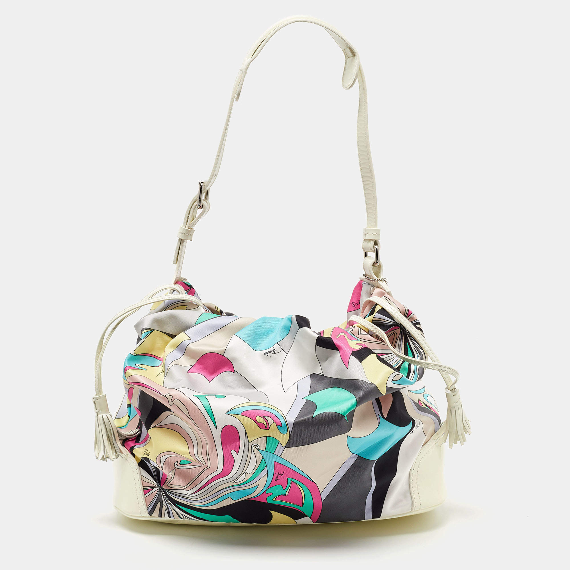 Emilio Pucci Multicolor Satin and Patent Leather Drawstring Shoulder Bag