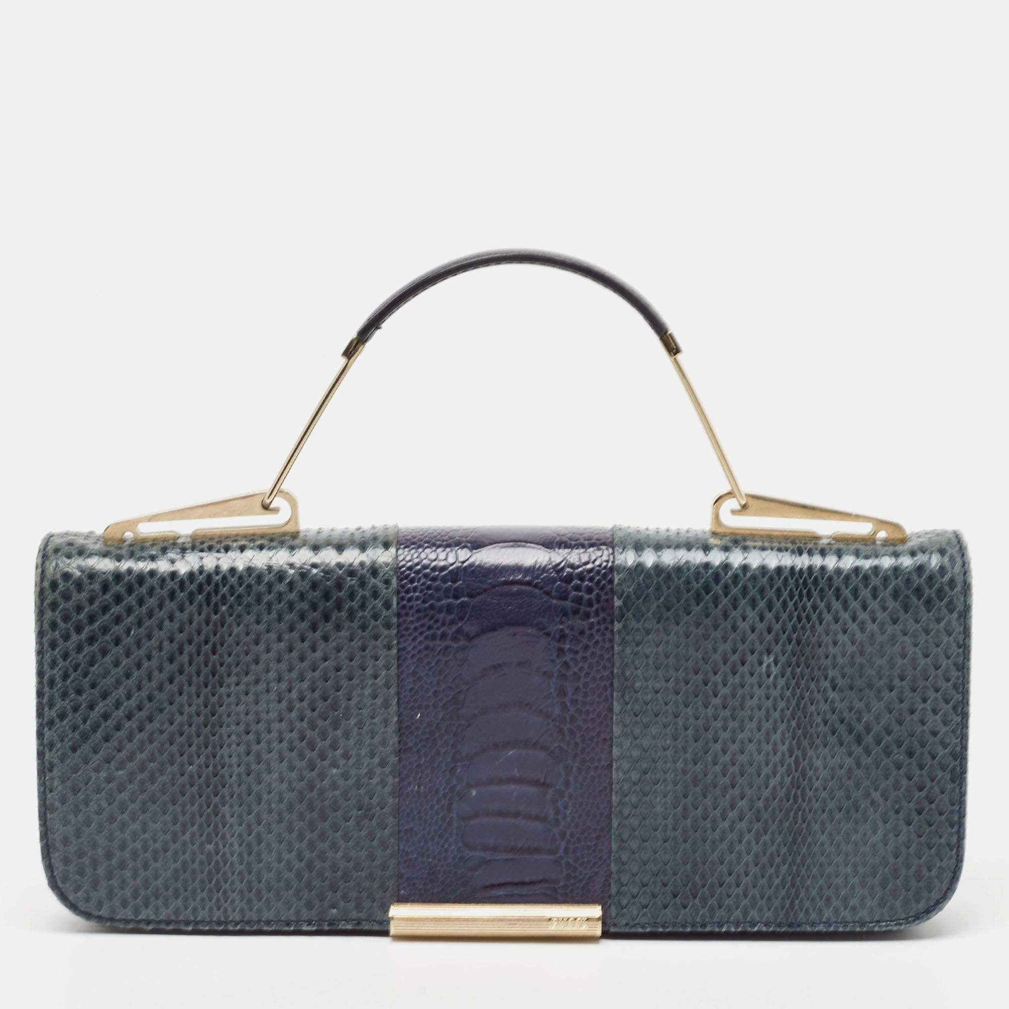 Emilio Pucci Tricolor Snakeskin and Ostrich Embossed Leather Clutch