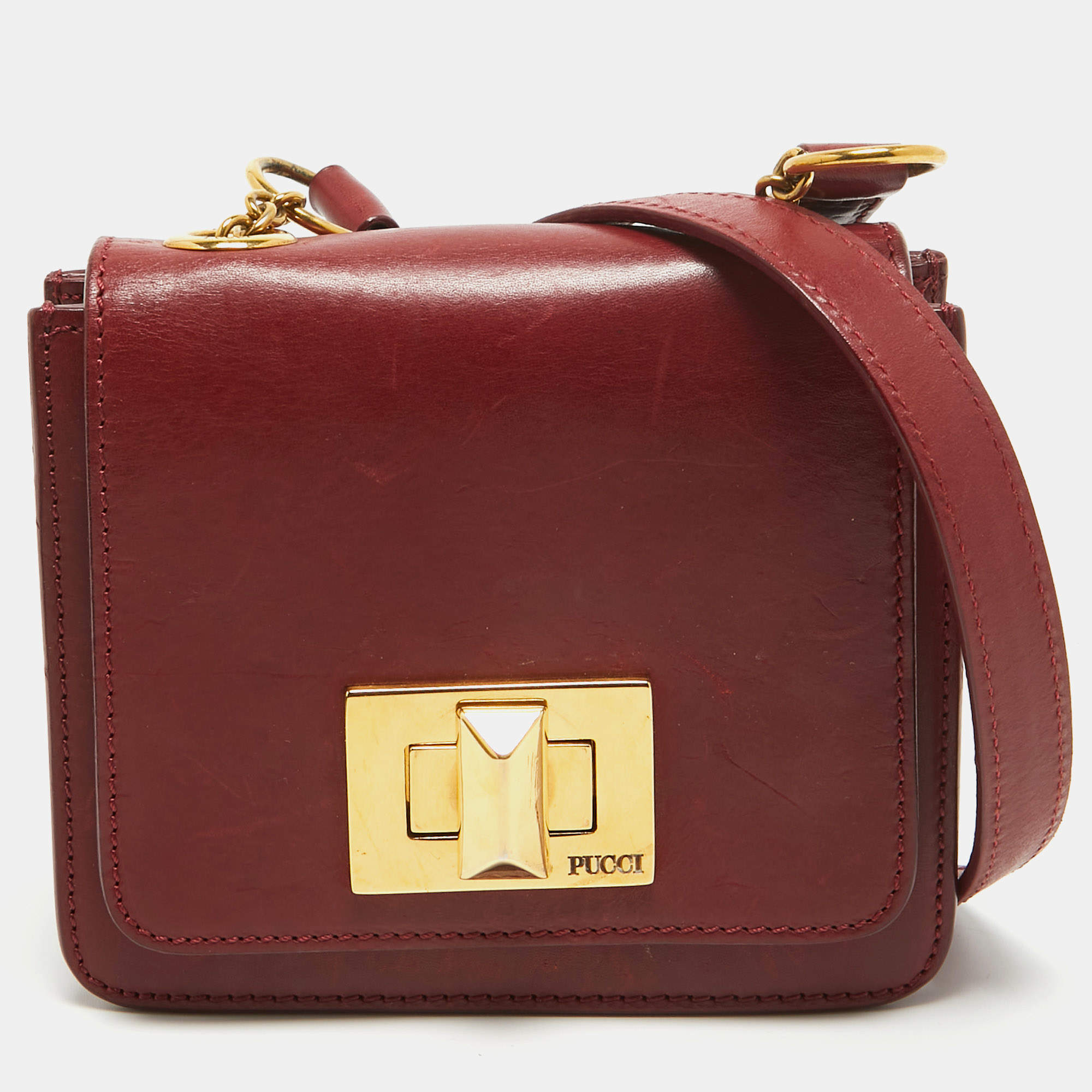 Pre Owned Emilio Pucci Burgundy Leather Trunlock Flap Crossbody Bag