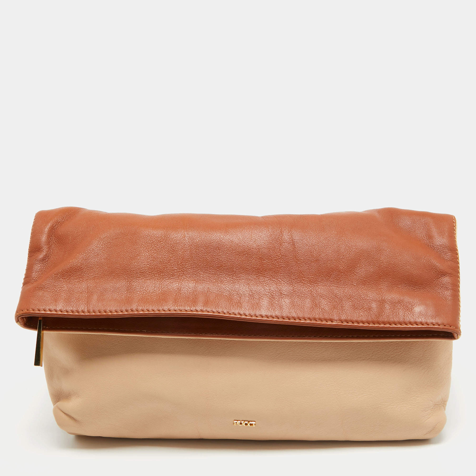 Pre Owned Emilio Pucci Brown/Beige Leather Fold Over Clutch