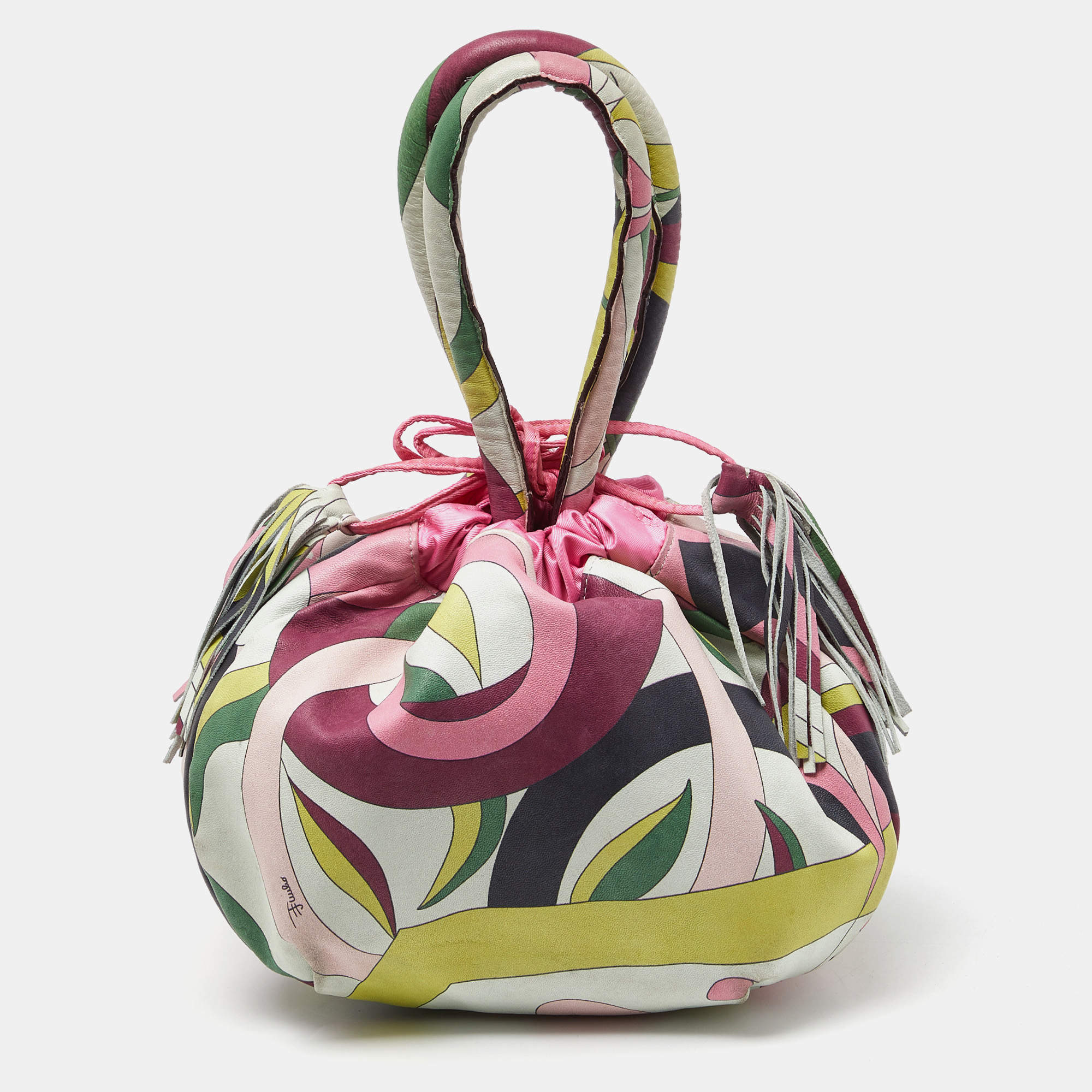 Emilio Pucci Multicolor Leather and Satin Drawstring Bucket Bag