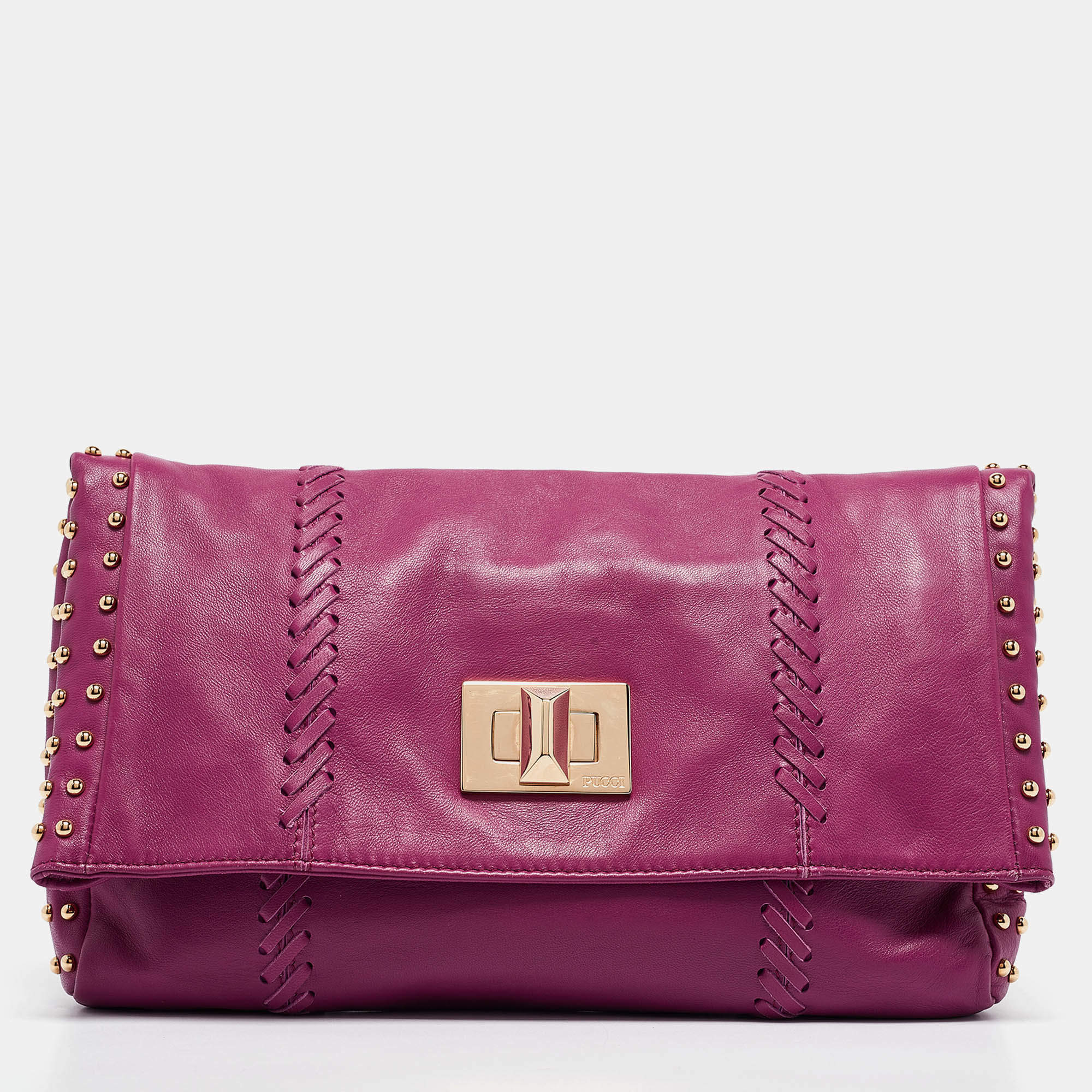 Emilio Pucci Magenta Leather Studded Flap Clutch
