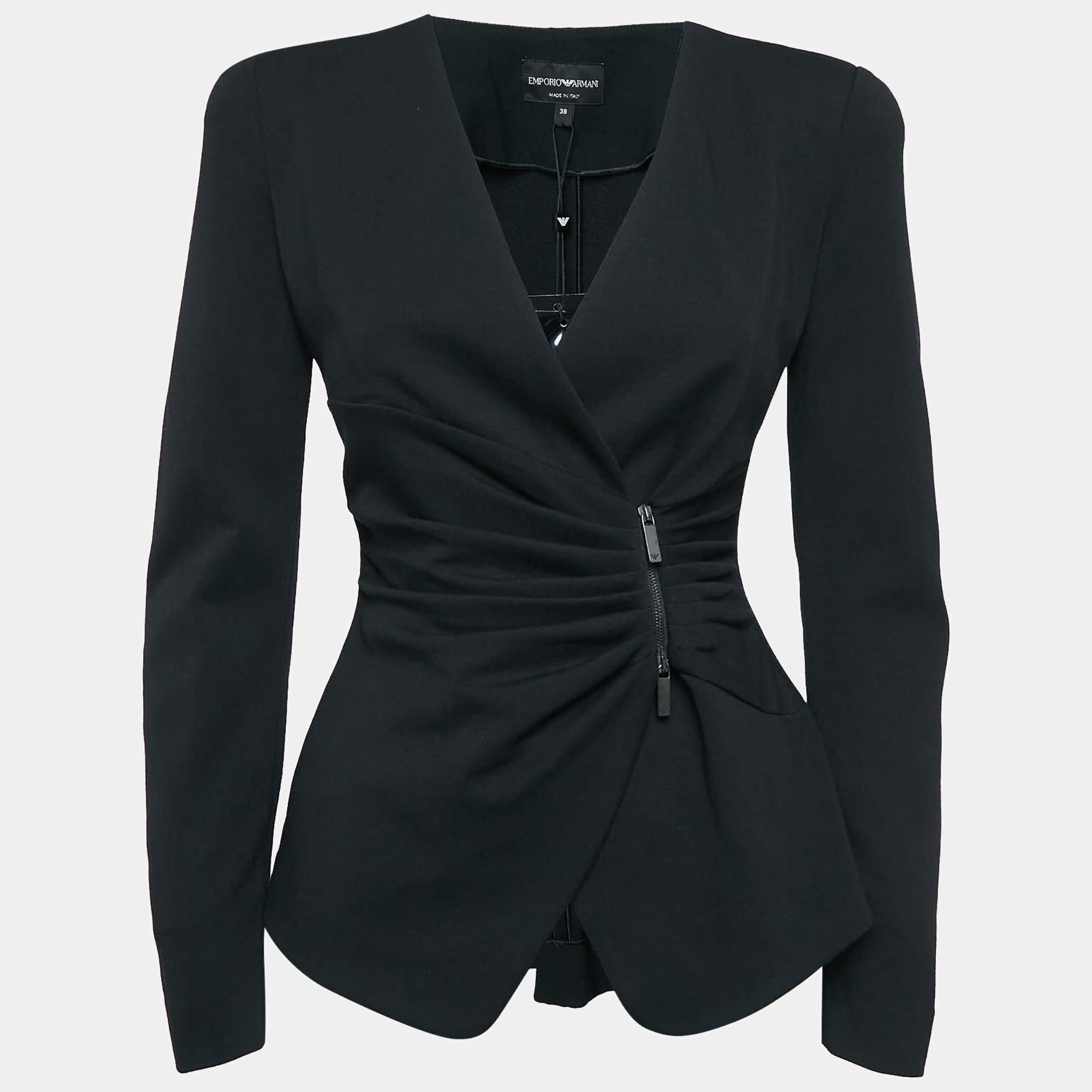 Pre Owned Emporio Armani Black Jersey Pleated Zip-Up Blazer S