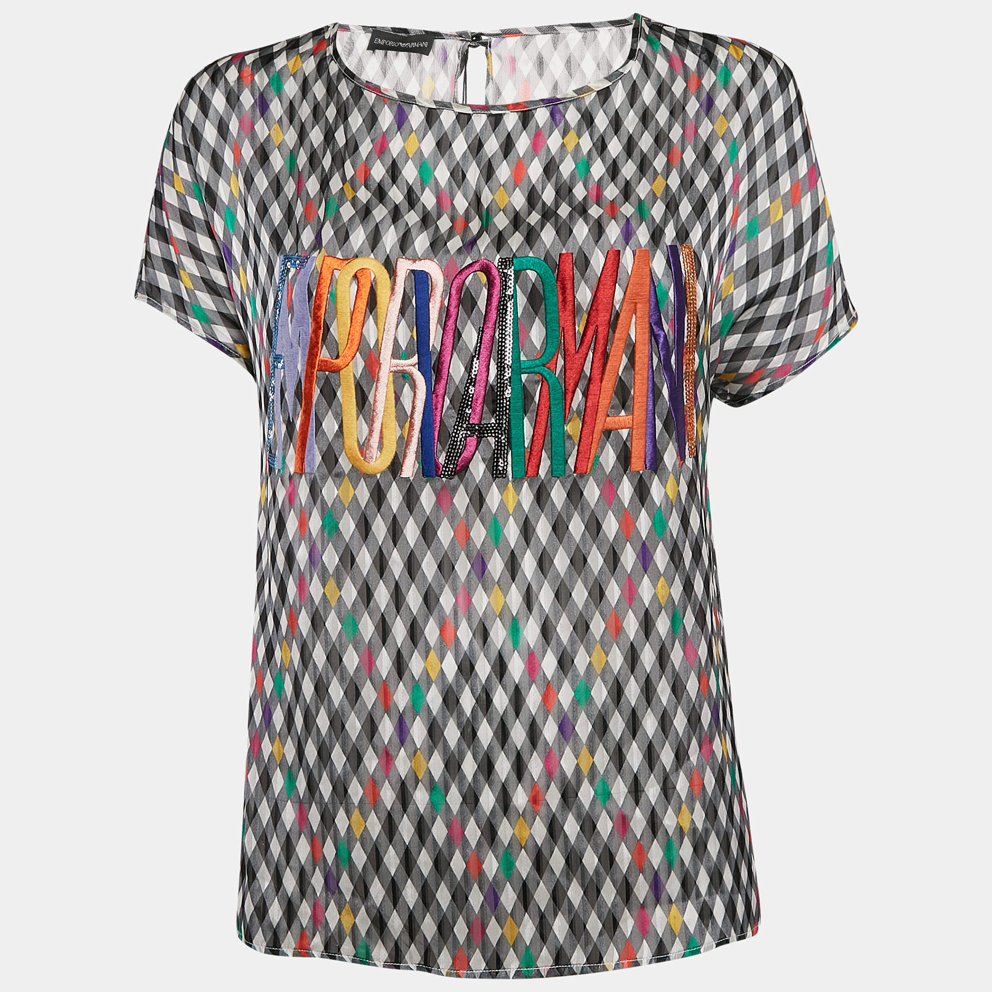Pre Owned Emporio Armani Multicolor Checked and Logo Embroidery Silk Top S