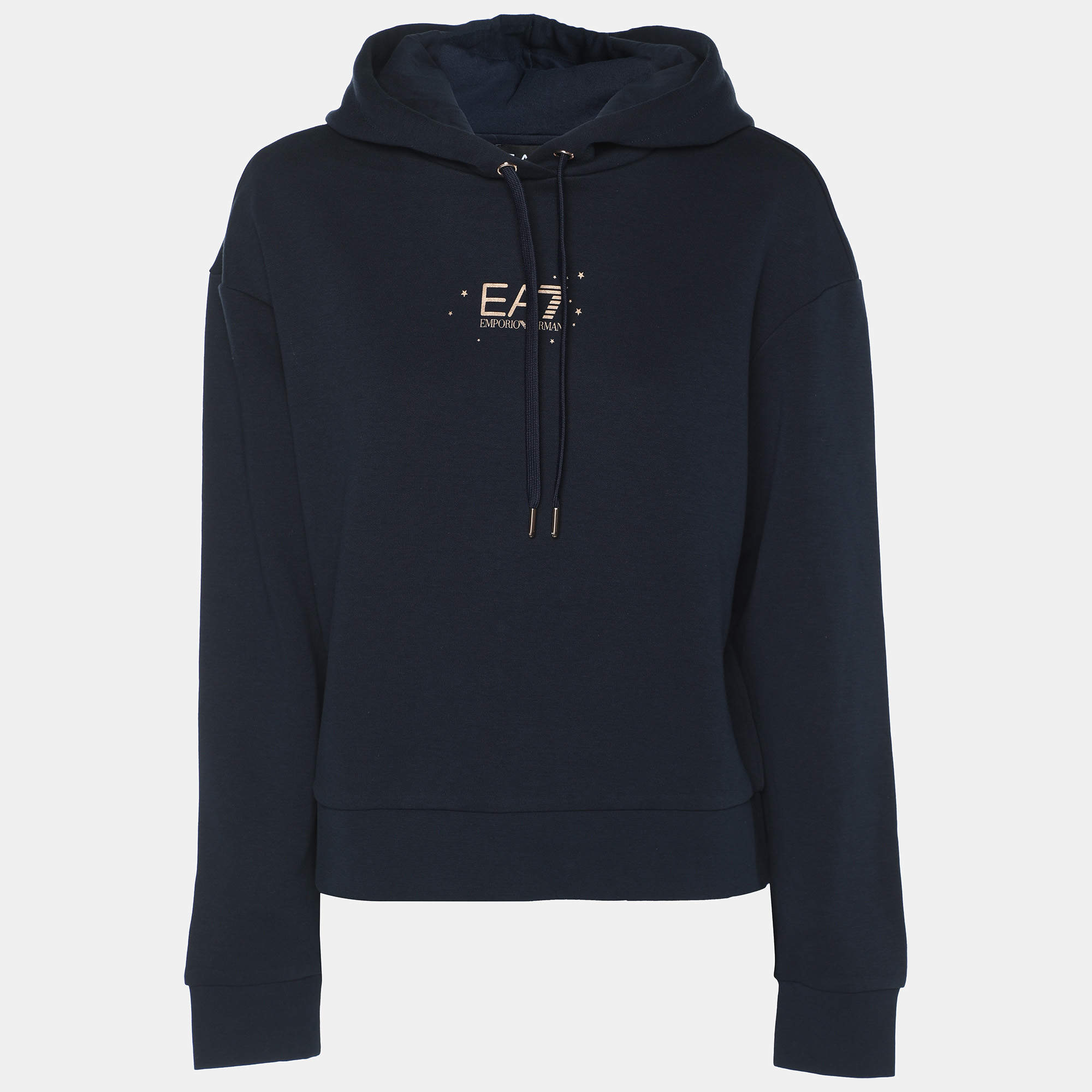Pre Owned Emporio Armani Navy Blue Jersey Logo Embroidered Hoodie M