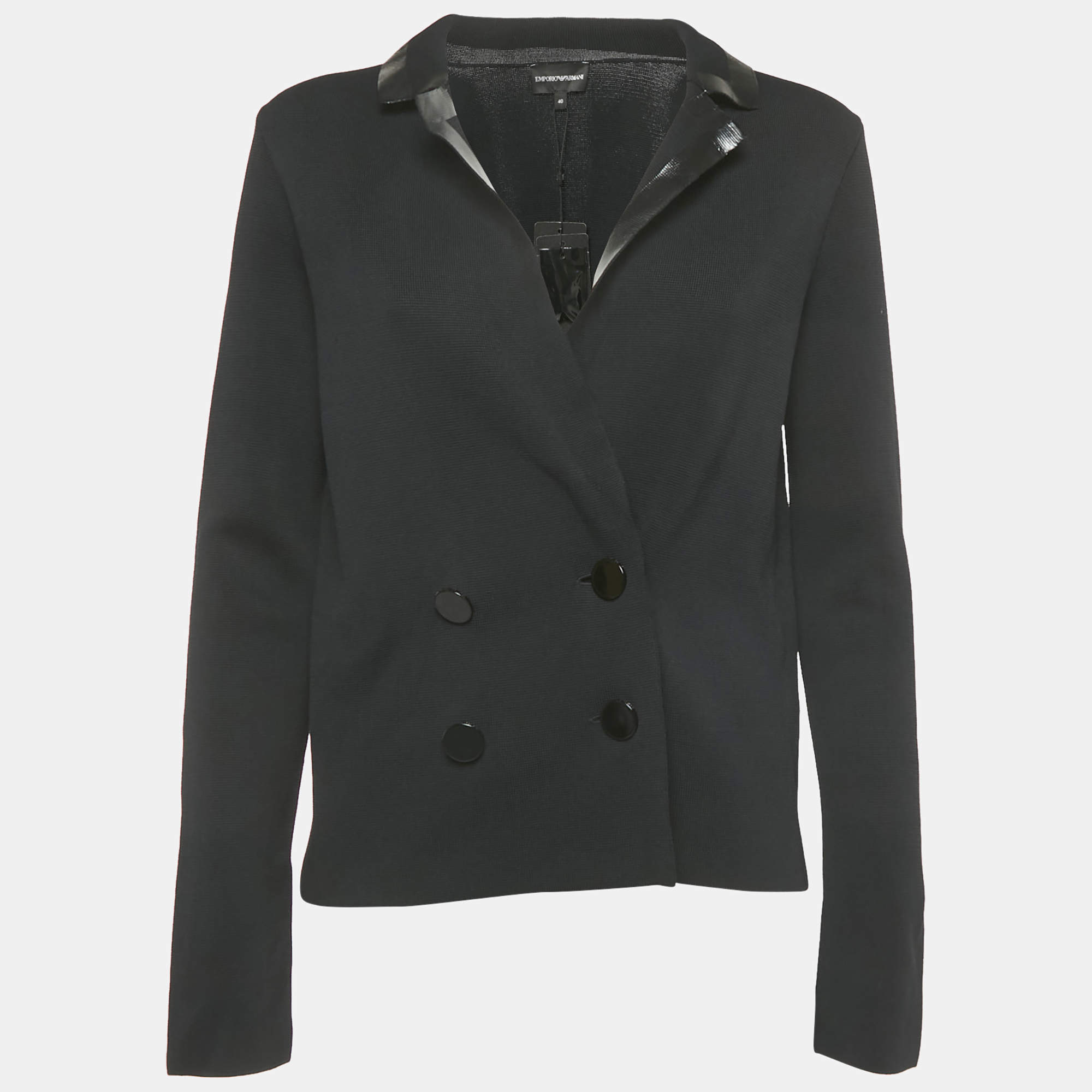 Pre Owned Emporio Armani Black Knit Double Breasted Blazer S