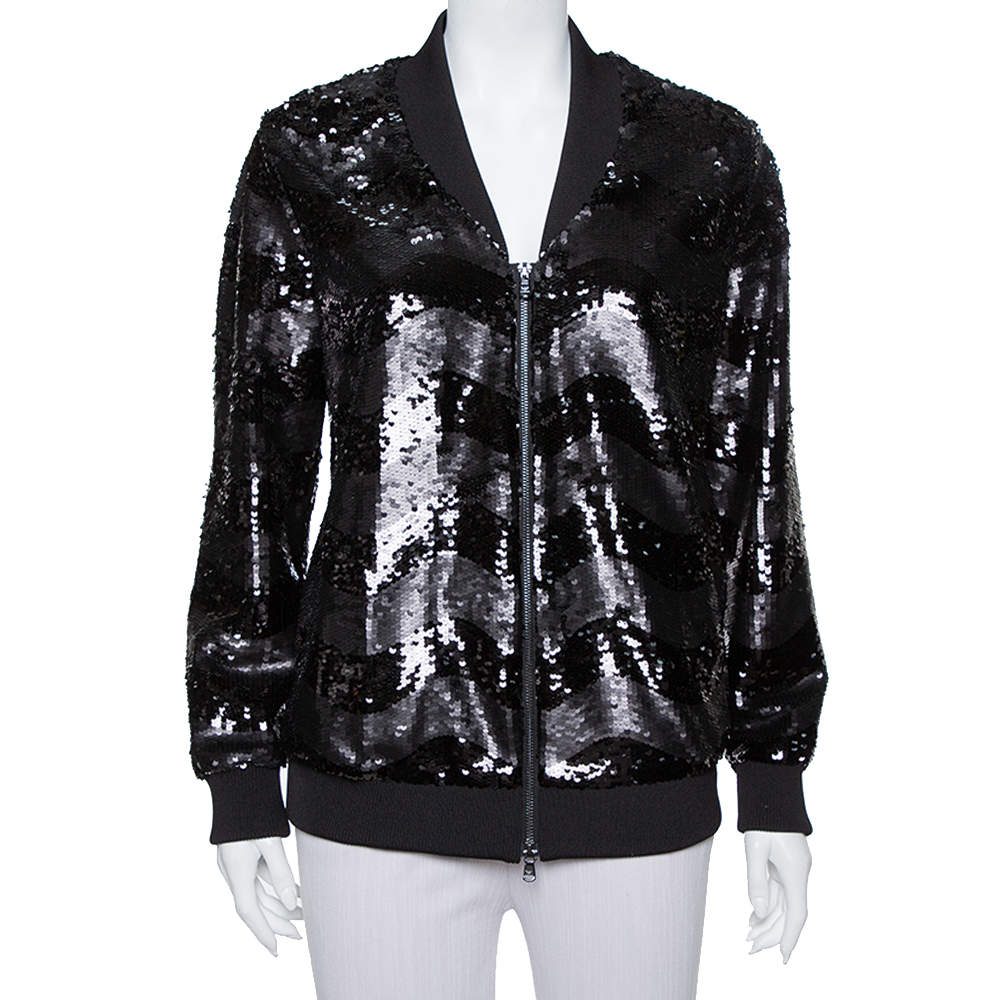 Pre Owned Emporio Armani Black Synthetic Sequin Embellished Bomber Jacket M