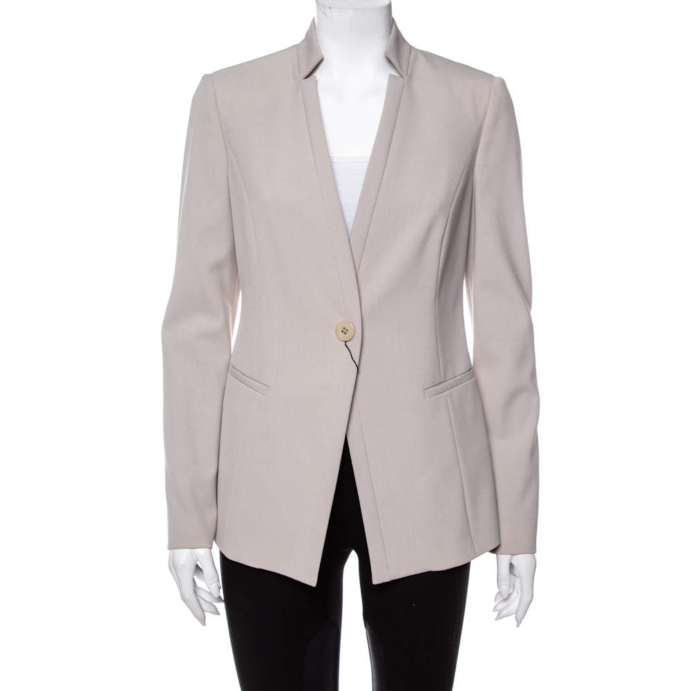 Pre Owned Emporio Armani Beige Textured Crepe Button Front Stand Collar Blazer M