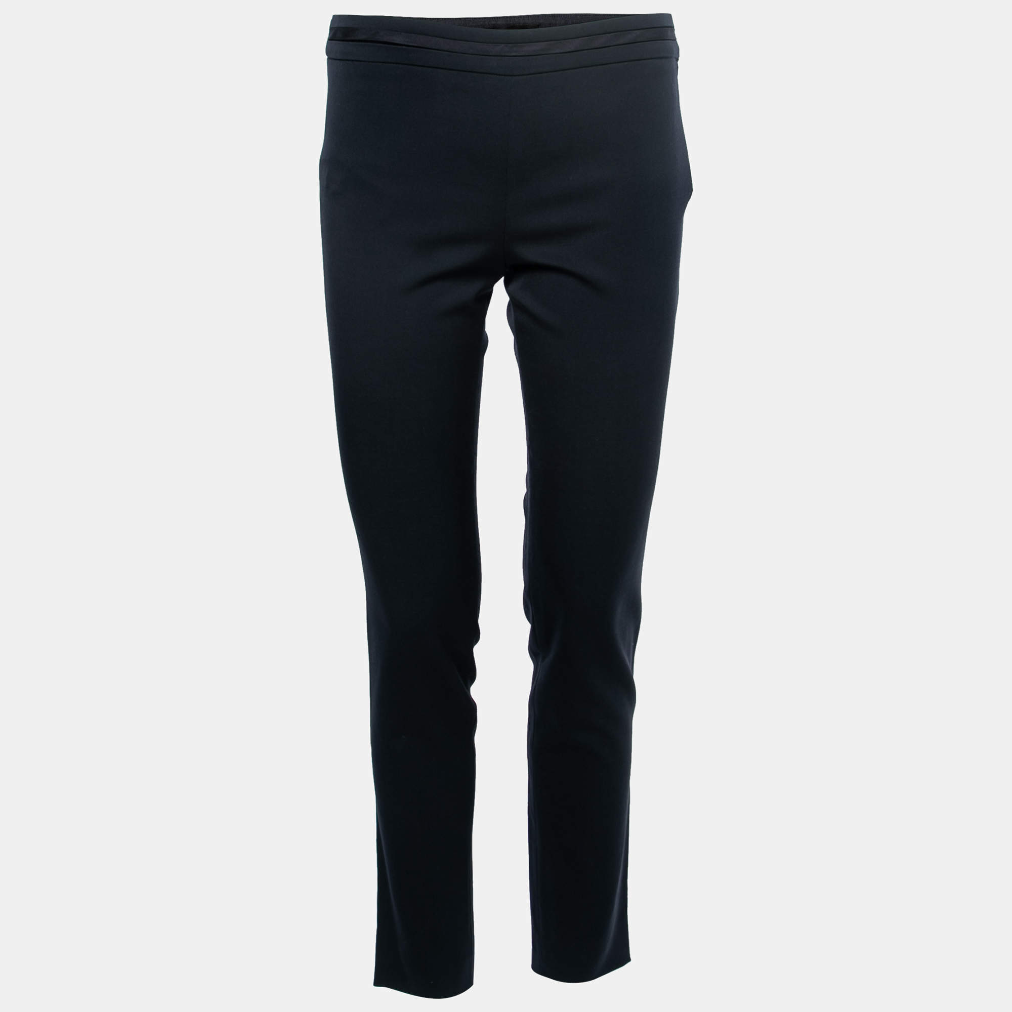 Pre Owned Emporio Armani Navy Blue Wool Pleated Waistband Detail Tapered Trousers S