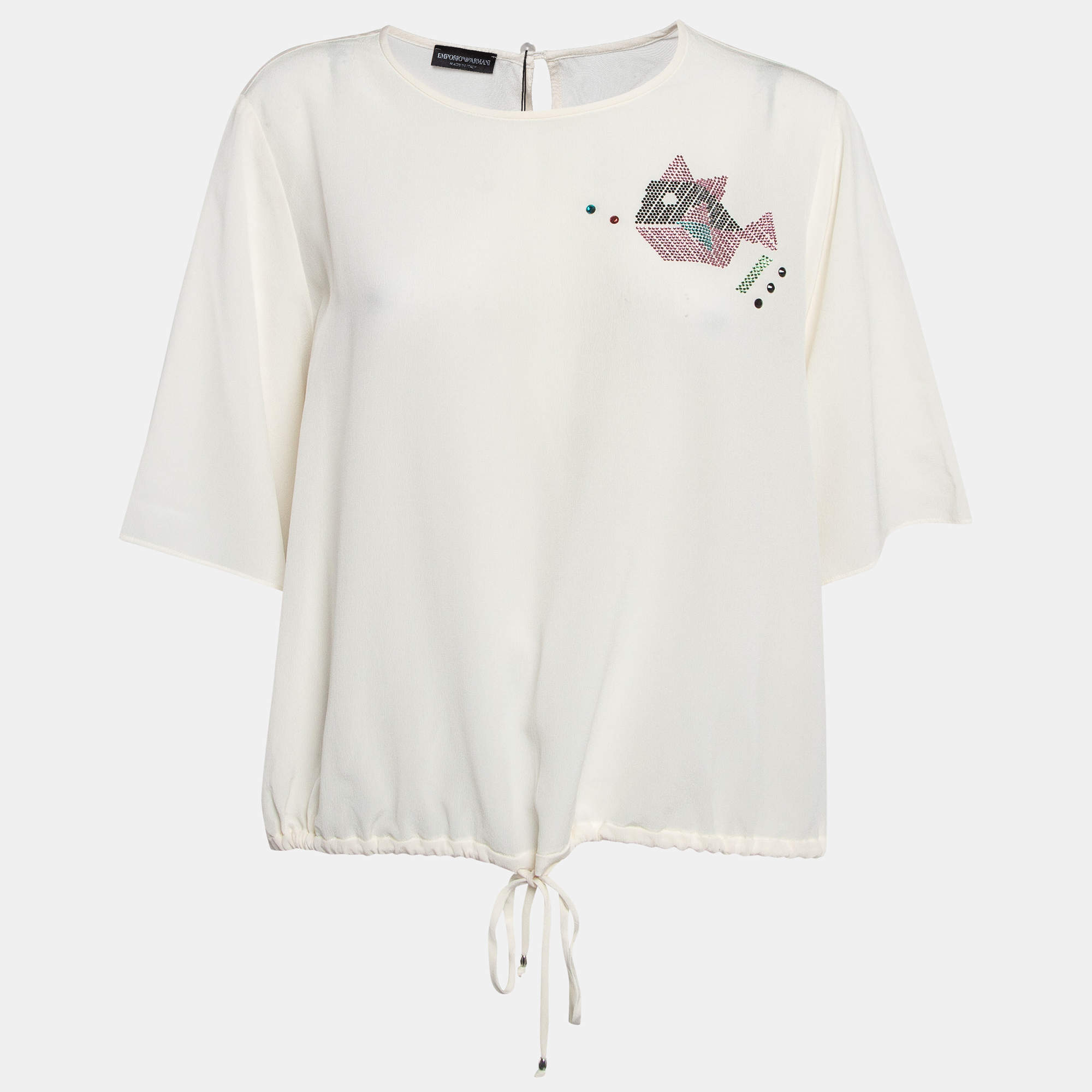 Pre Owned Emporio Armani Off White Embellished Silk Short Sleeve Blouse L