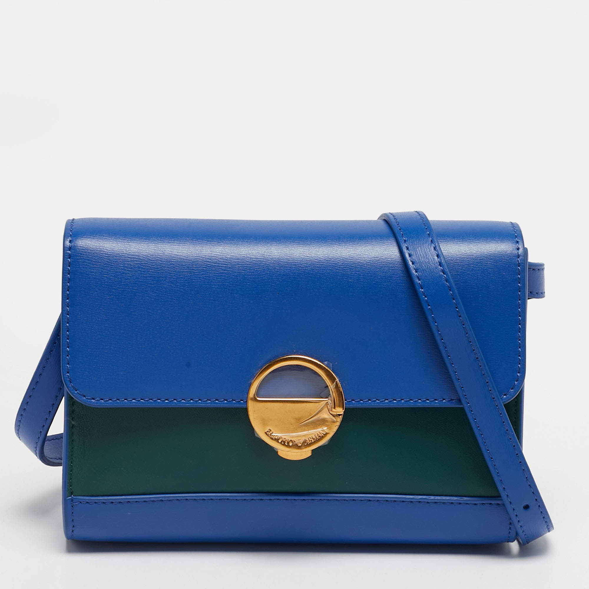 Pre Owned Emporio Armani Blue/Green Leather Metal Clasp Flap Crossbody Bag