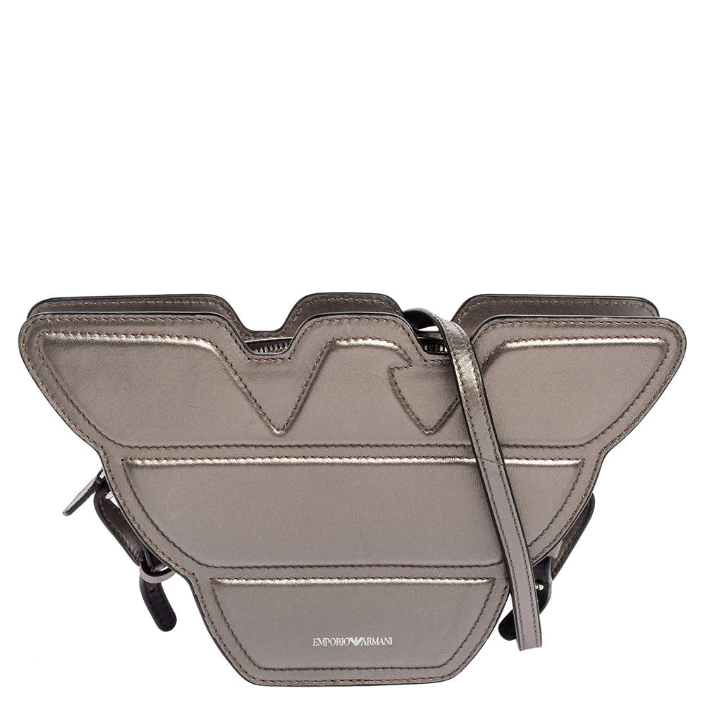 Pre Owned Emporio Armani Metallic Grey Leather Structured Logo Crossbody Bag