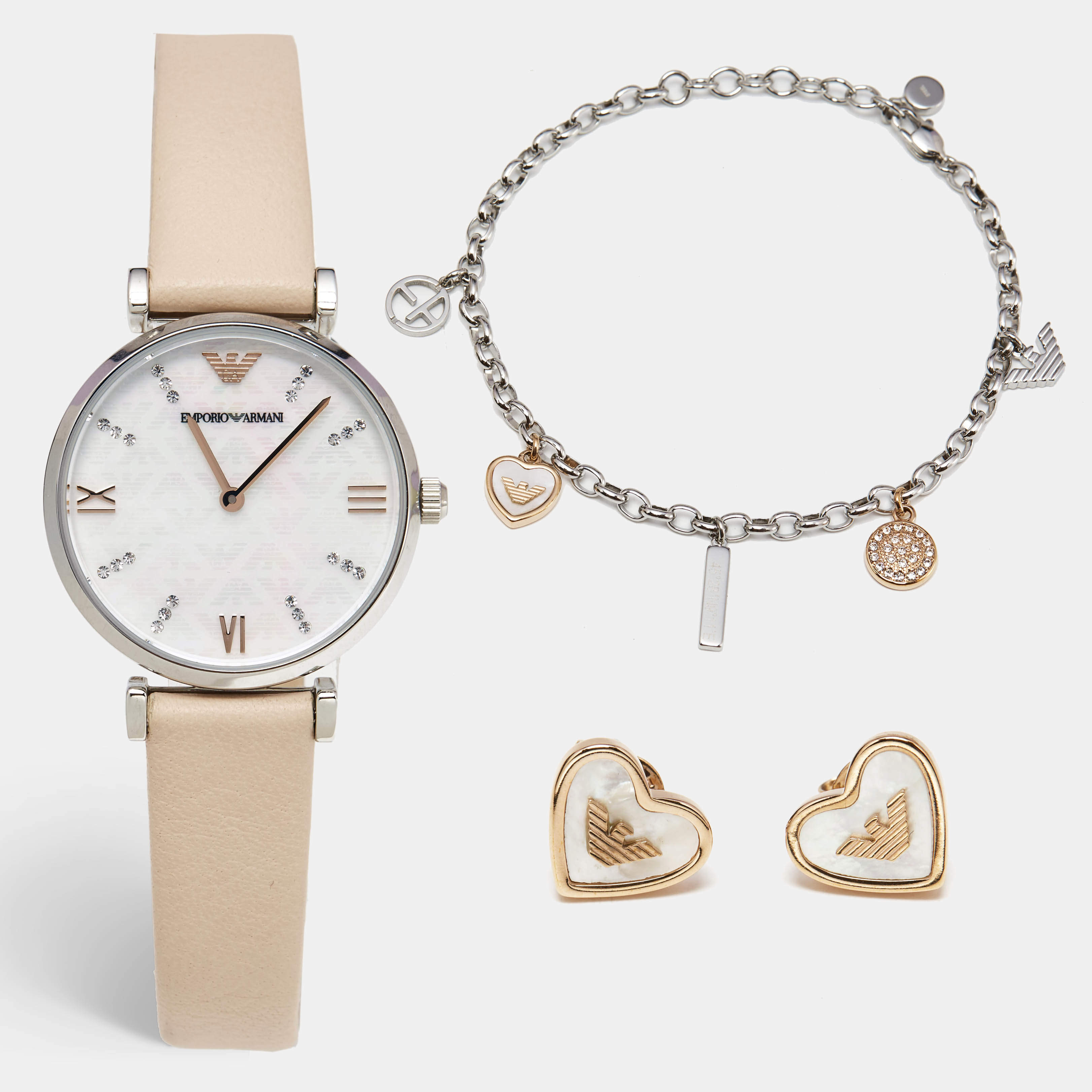 Pre Owned Emporio Armani Mother of Pearl Stainless Steel Leather AR8039 Women's Wristwatch and Bracelet Set 32 mm