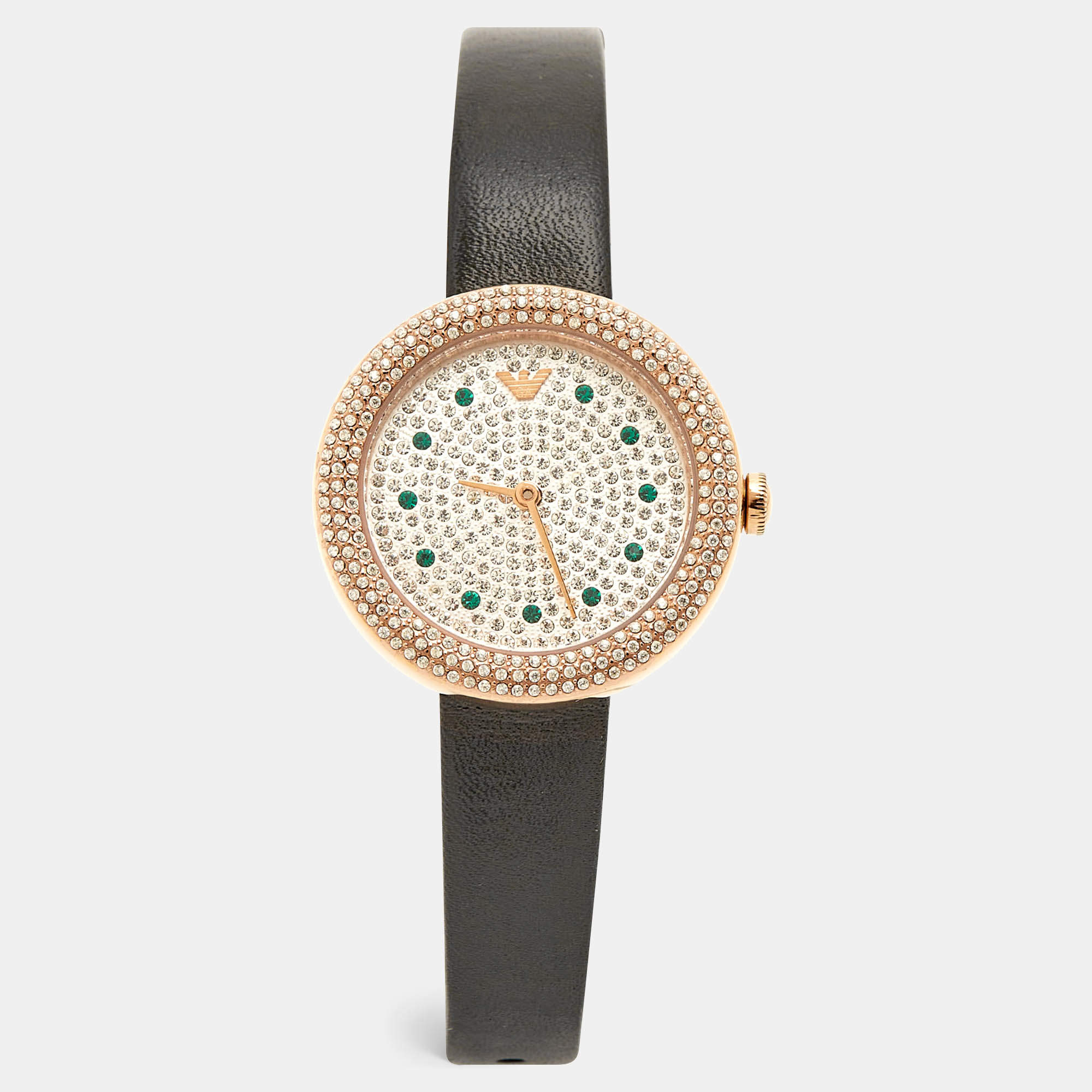 Pre Owned Emporio Armani Pavé Rose Gold Stainless Steel Leather Crystal AR11492 Women's Wristwatch 30 mm