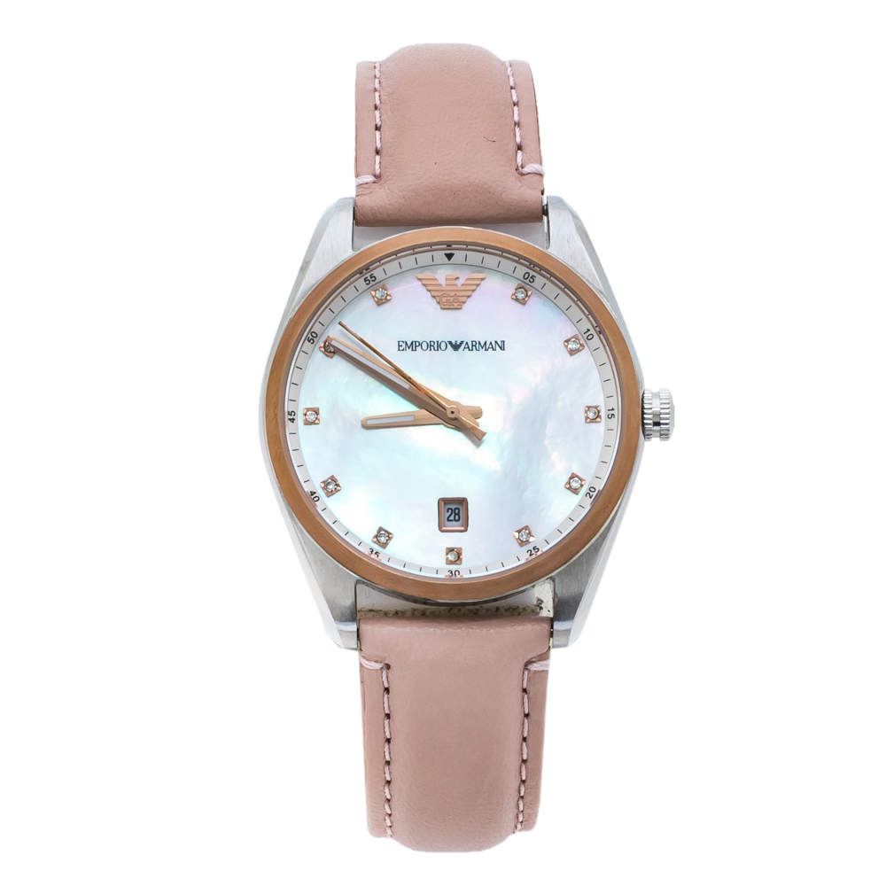  Emporio Armani Mother Of Pearl Two-Tone Stainless Steel Leather AR6133 Women's Wristwatch 36 mm