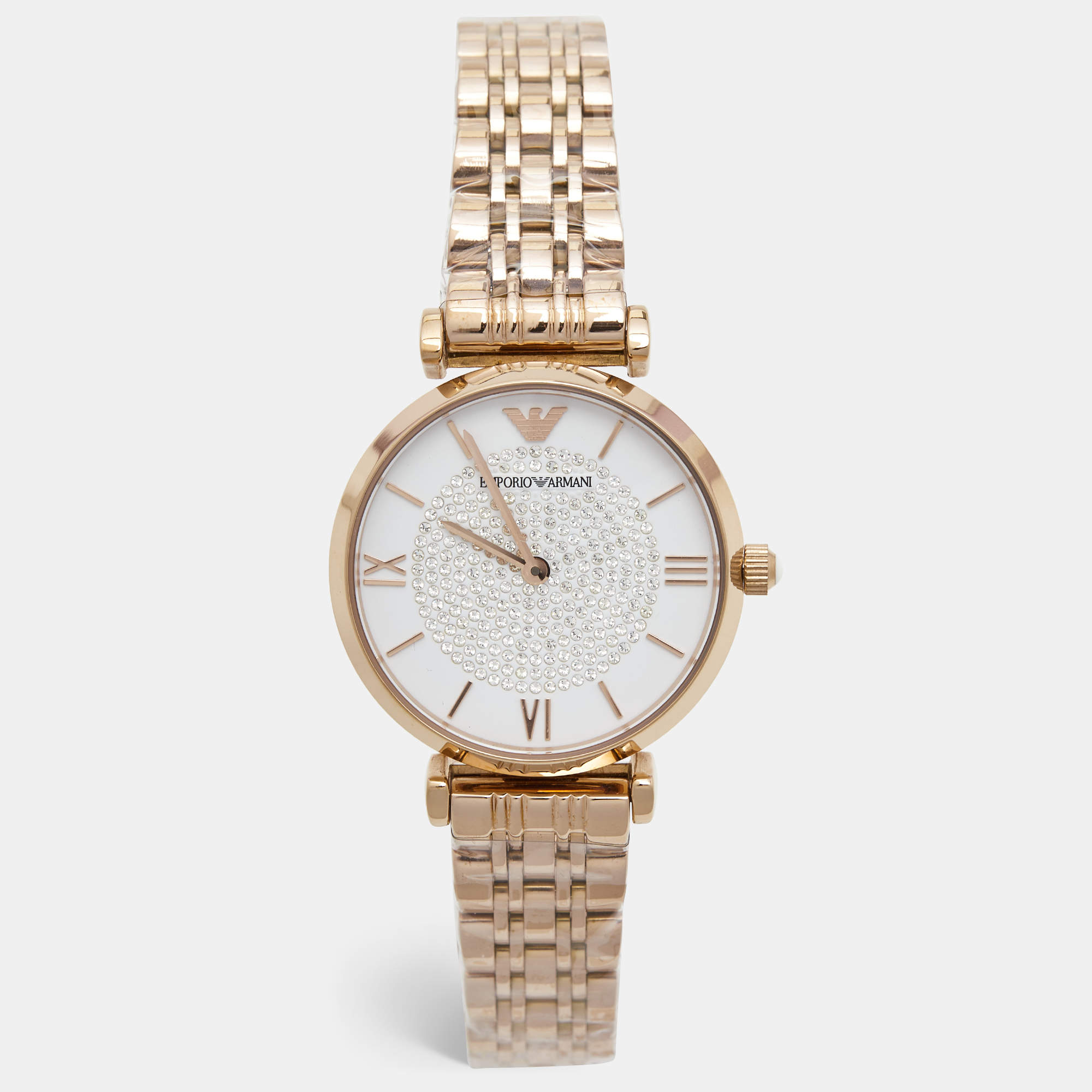 Pre Owned Emporio Armani White Crystal Pave Gold PVD Coated Stainless Steel Glitz AR11244 Women's Wristwatch 32 mm