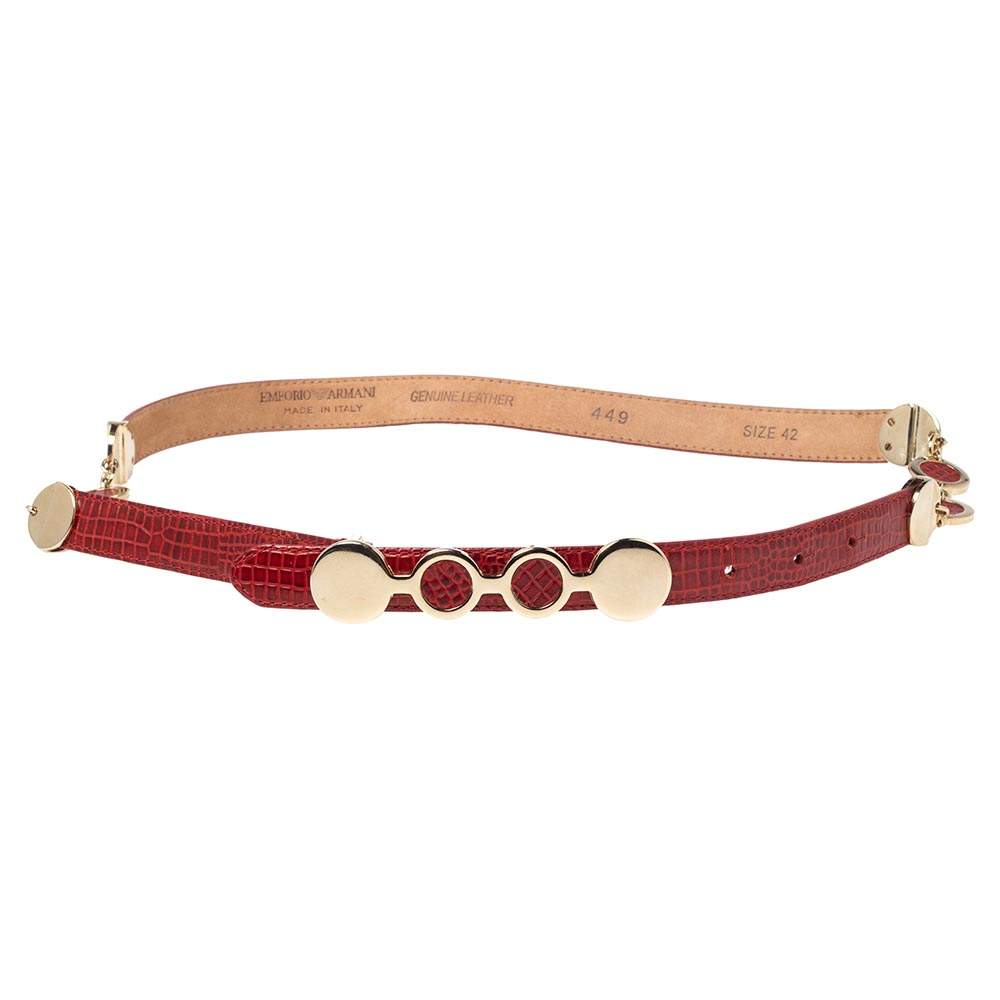 Pre Owned حزام أمبوريو أرماني جلد أحمر نقشة السحلية ومزخرف 90 سم