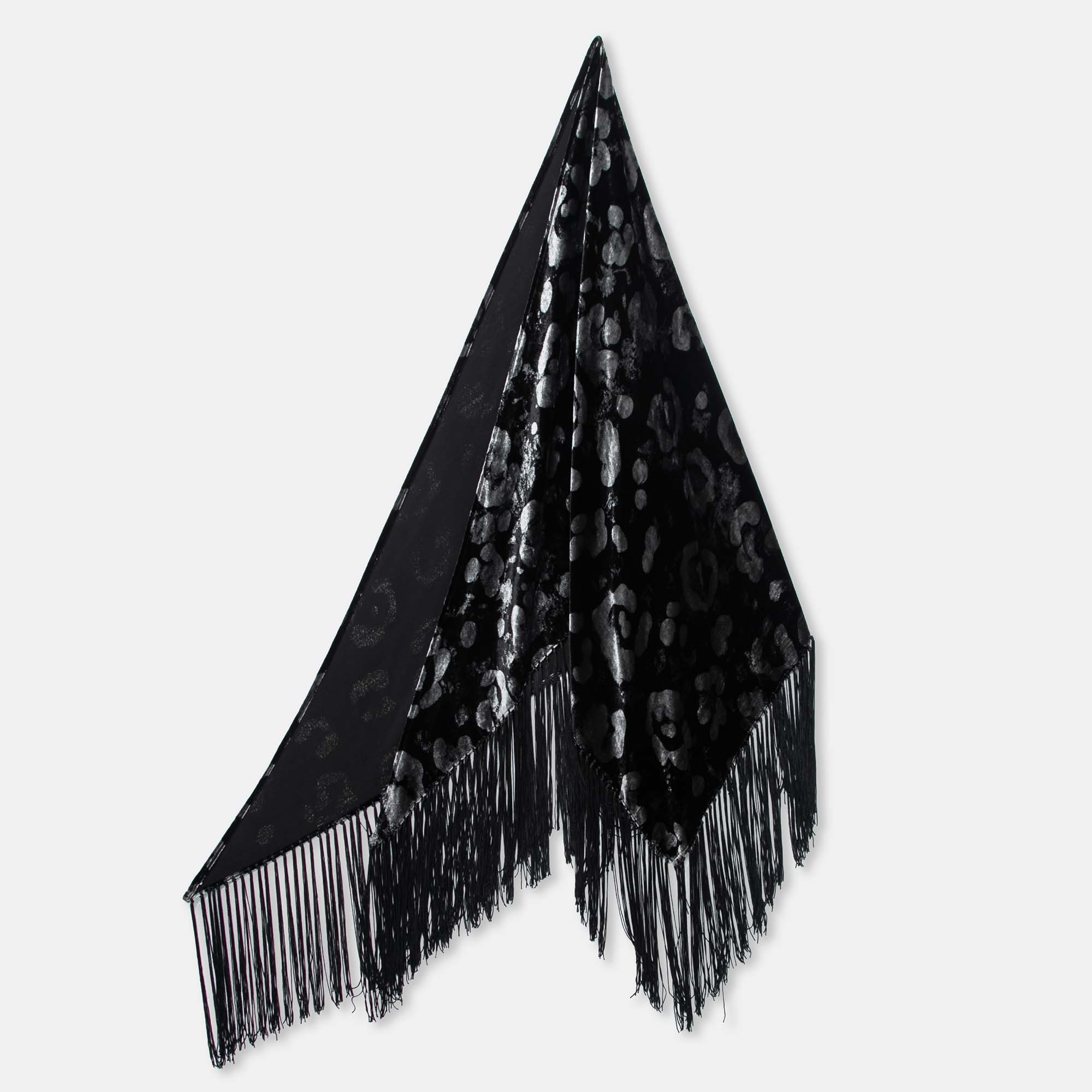 Emporio Armani Black Animal Print Velvet Fringed Triangle Scarf