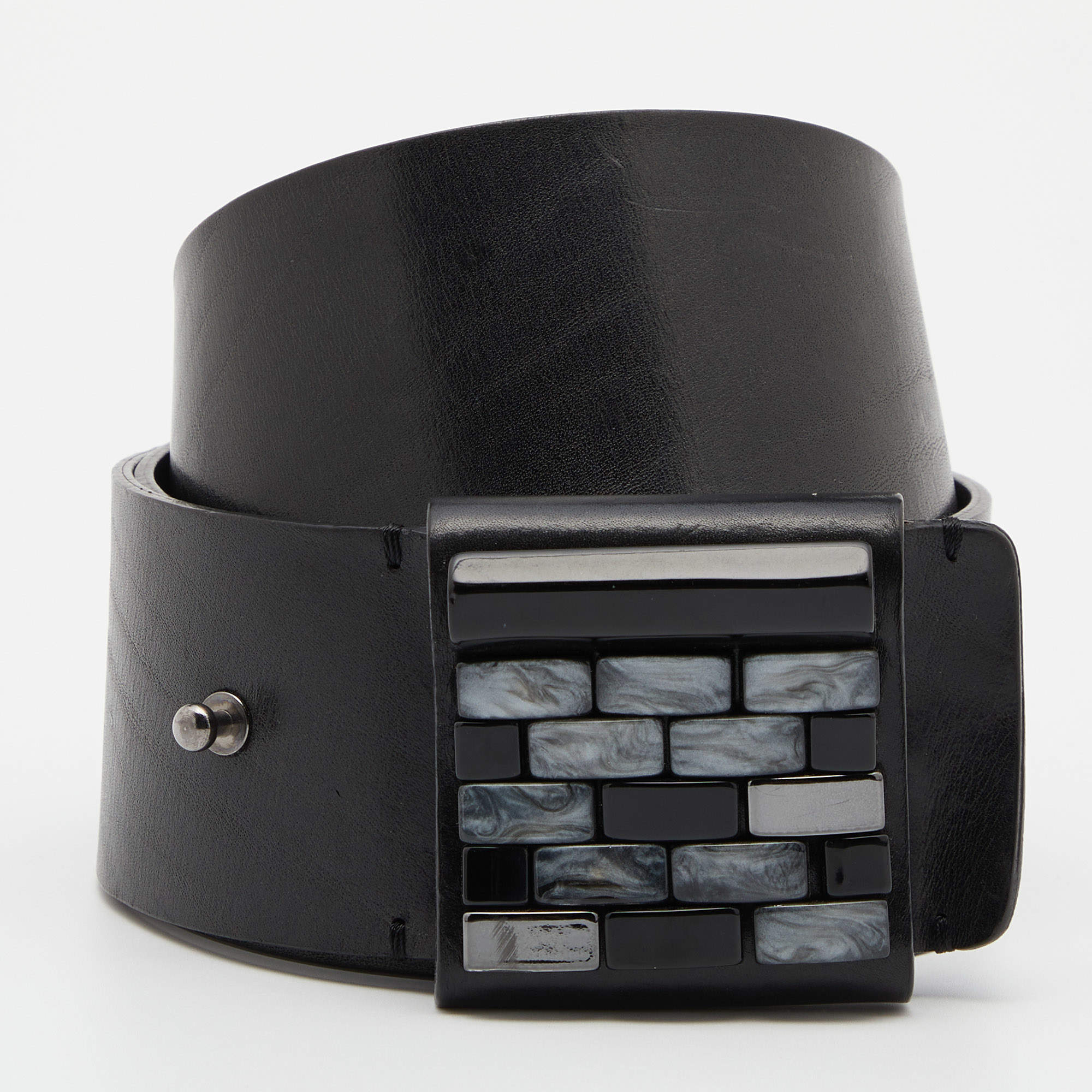 Emporio Armani Black Leather Brick Buckle Wide Belt 