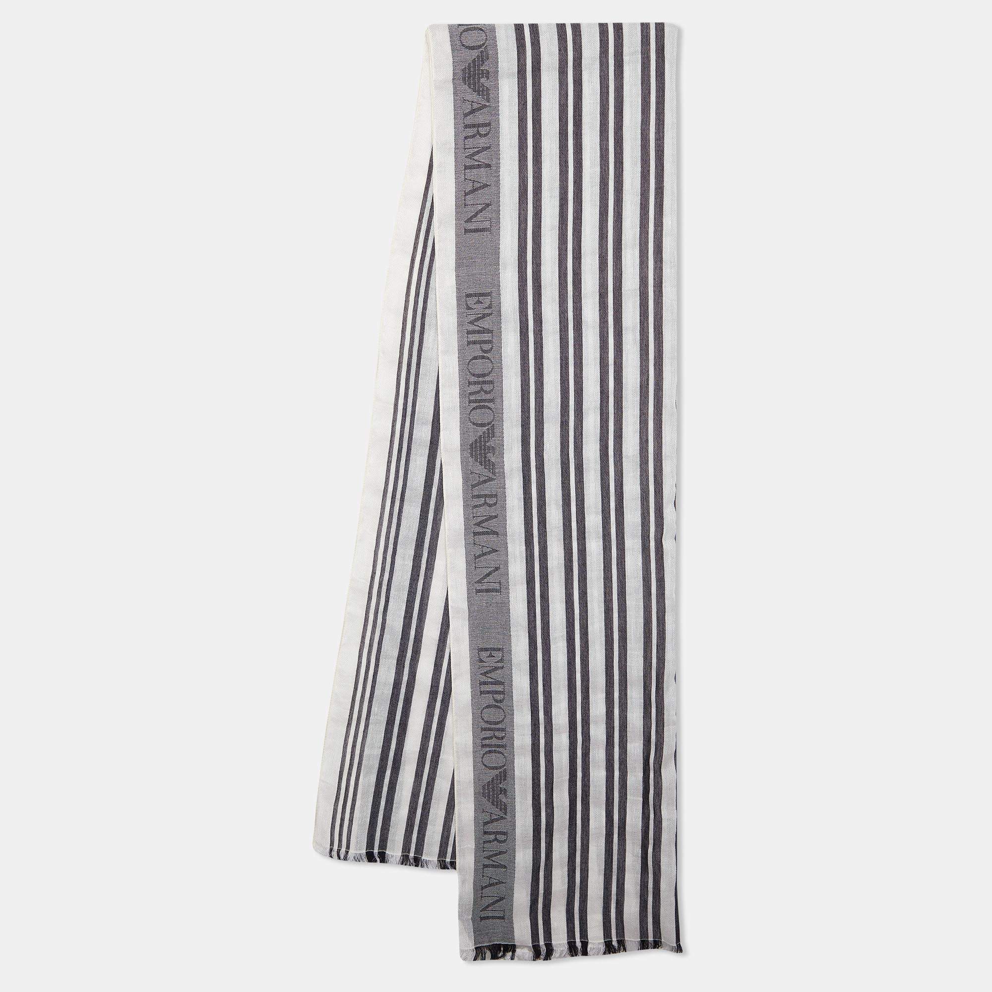 Pre Owned Emporio Armani White Striped Cottom & Linen Scarf