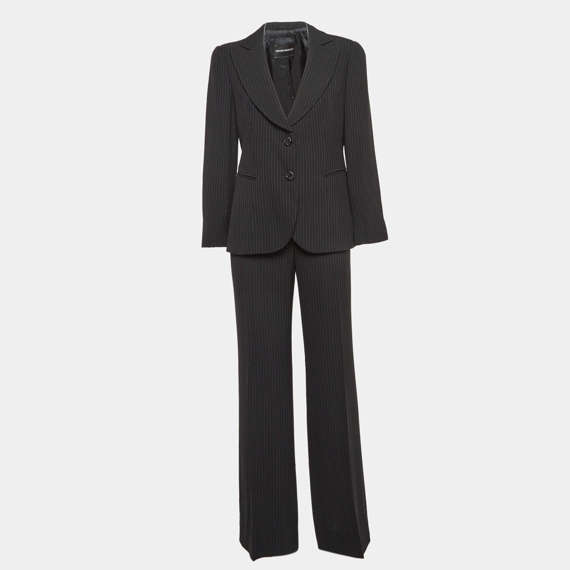 Pre Owned Emporio Armani Black Pinstripe Wool Blend Pant Suit L