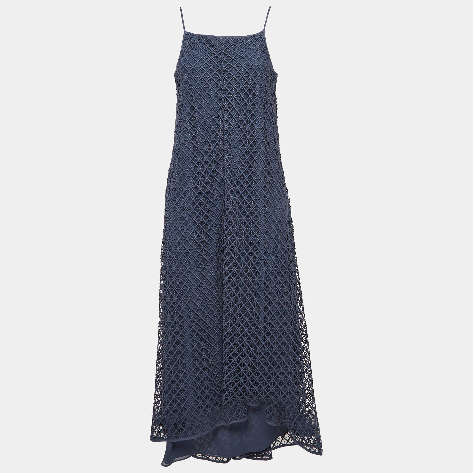 Pre Owned Emporio Armani Blue Lace Flared Slip Dress L