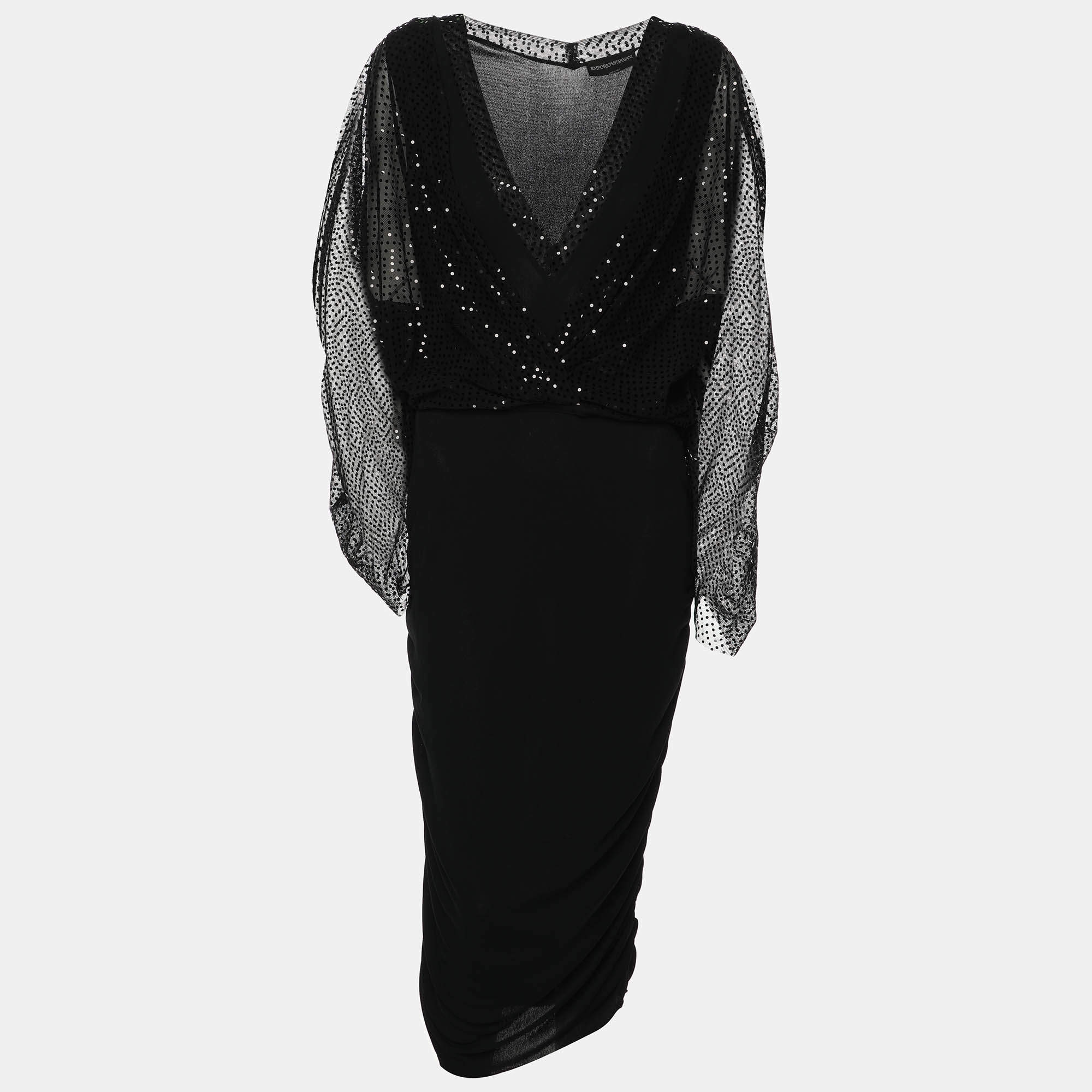 Pre Owned Emporio Armani Black Dotte Tulle Draped Tunic Dress M