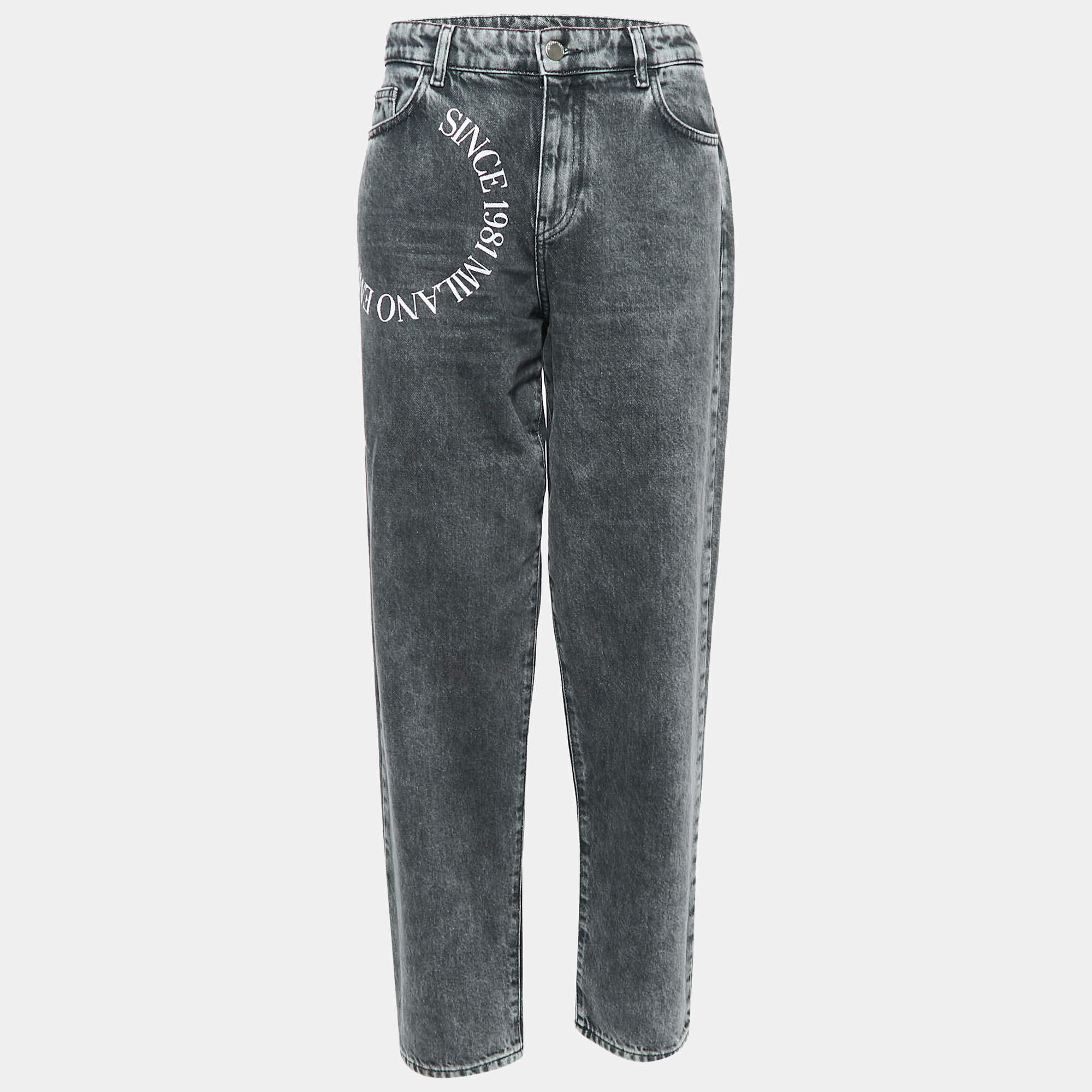 Emporio Armani Black Washed and Logo Print Denim Jeans M Waist 29"