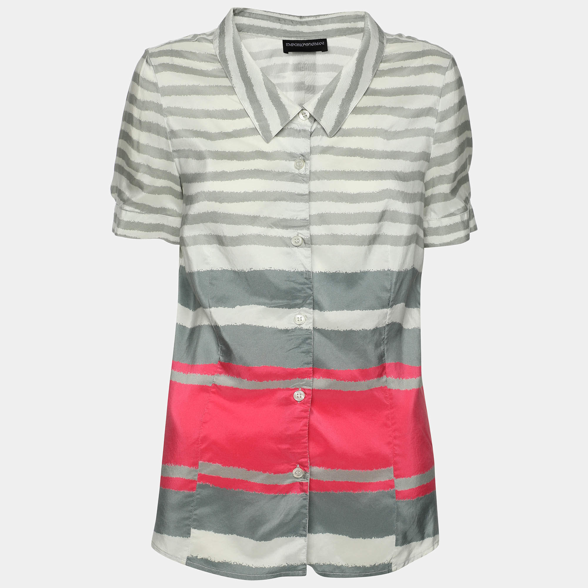 Pre Owned Emporio Armani Grey/Pink Striped Silk Top M