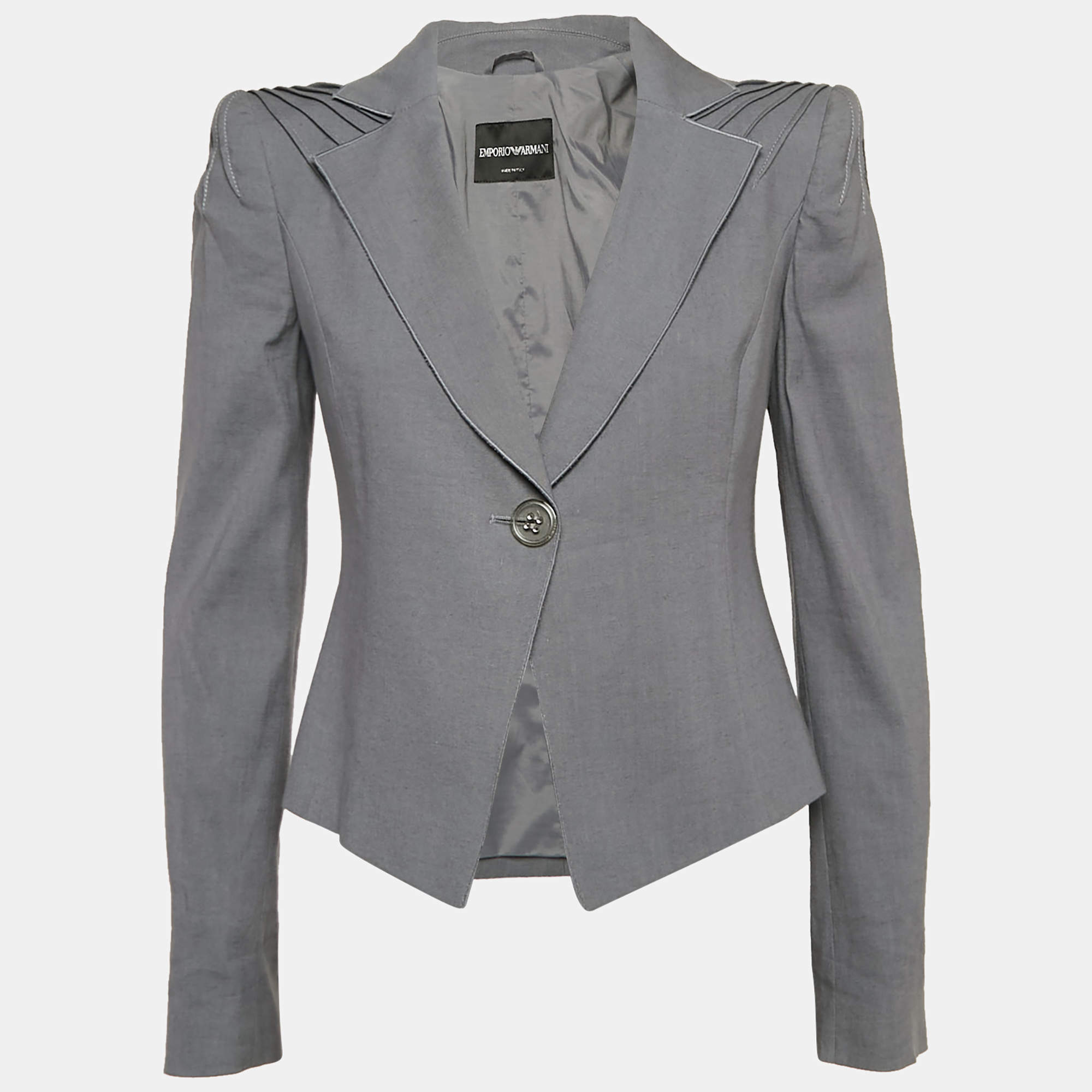 Pre Owned Emporio Armani Grey Wool Blend Pleated Shoulder Blazer M