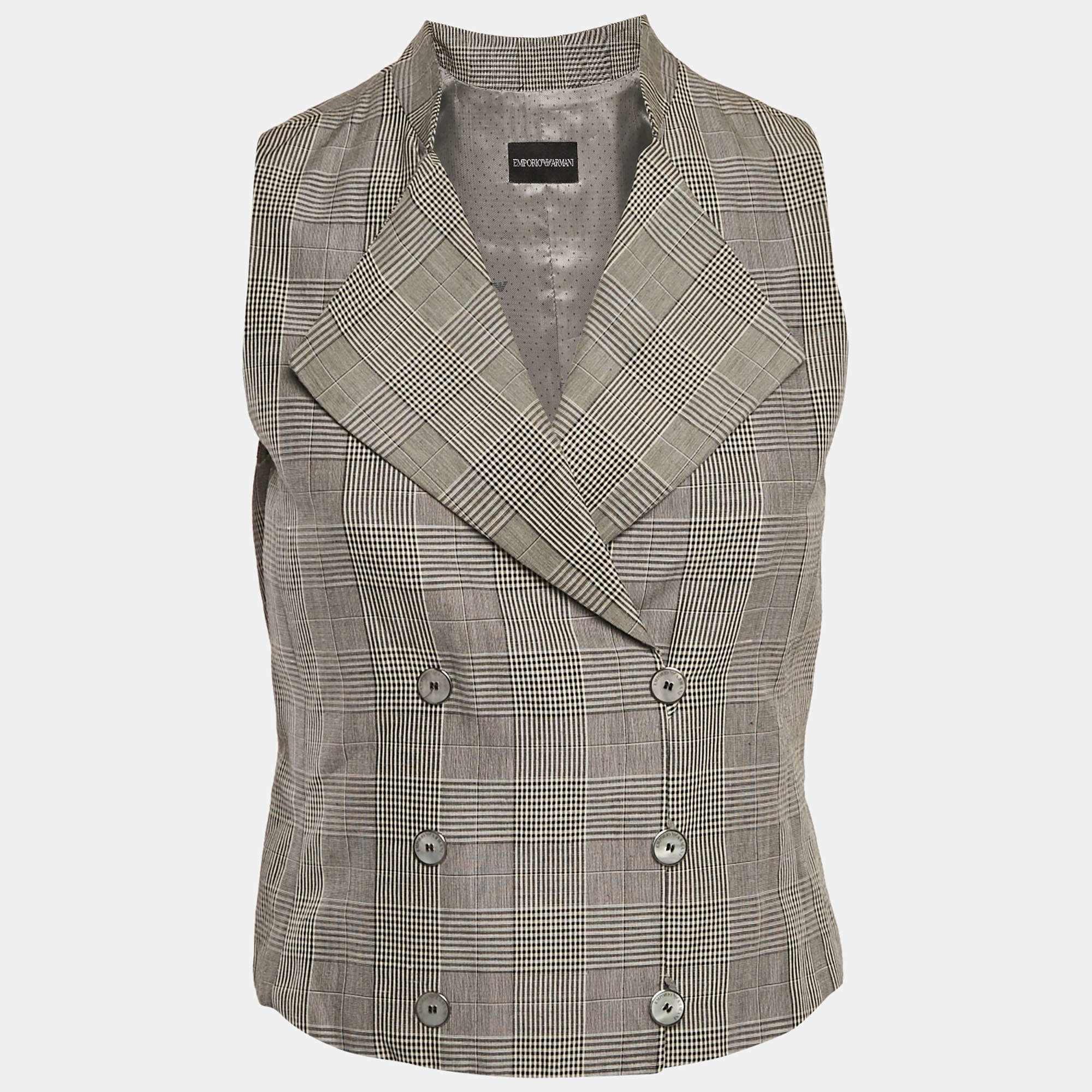 Pre Owned Emporio Armani Grey Checked Wool Blend Double Breasted Vest S