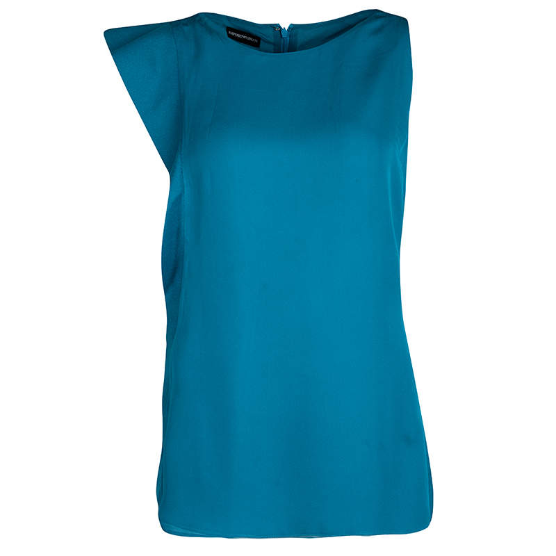 Pre Owned Emporio Armani Blue Felt Panel Detail Sleeveless Top L