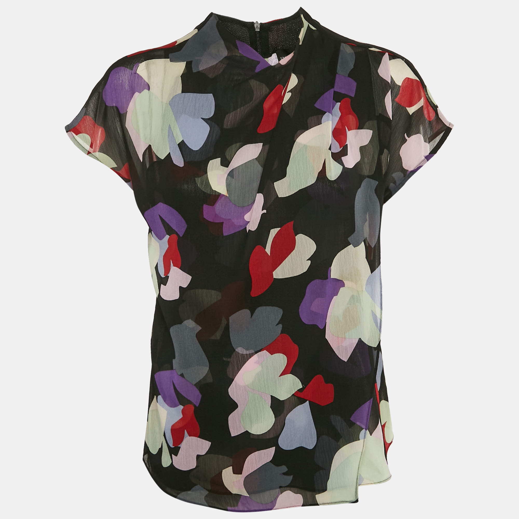 Pre Owned Emporio Armani Black Abstract Print Crepe Top M