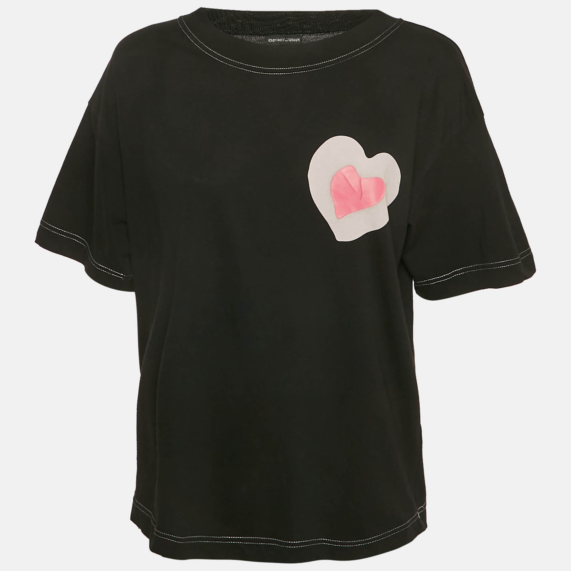 Pre Owned Emporio Armani Black Heart Print Cotton Round Neck T-Shirt L
