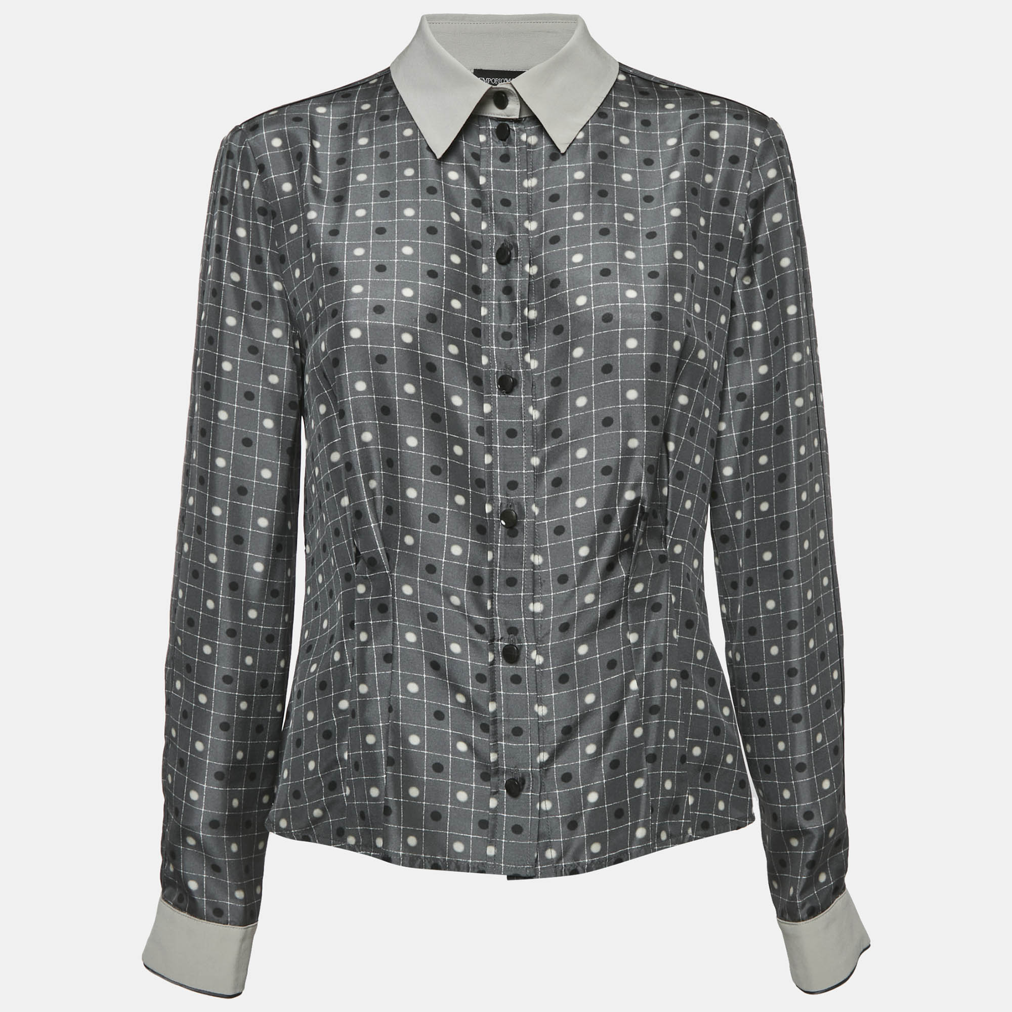 Emporio Armani Grey Dots and Checks Print Silk Pleated Shirt L