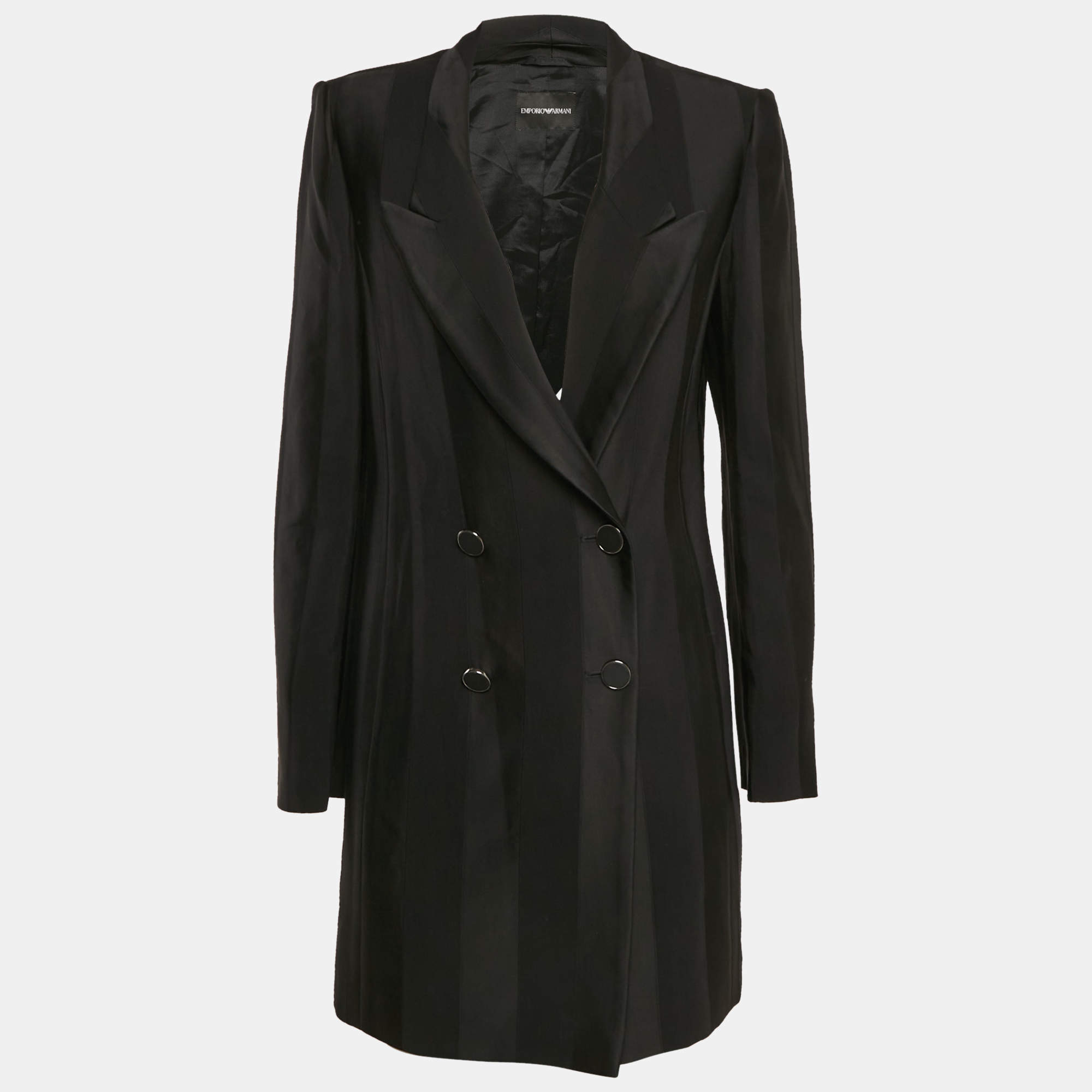 Emporio Armani Black Stripe Wool Blend Double Breasted Mid-Length Coat XL