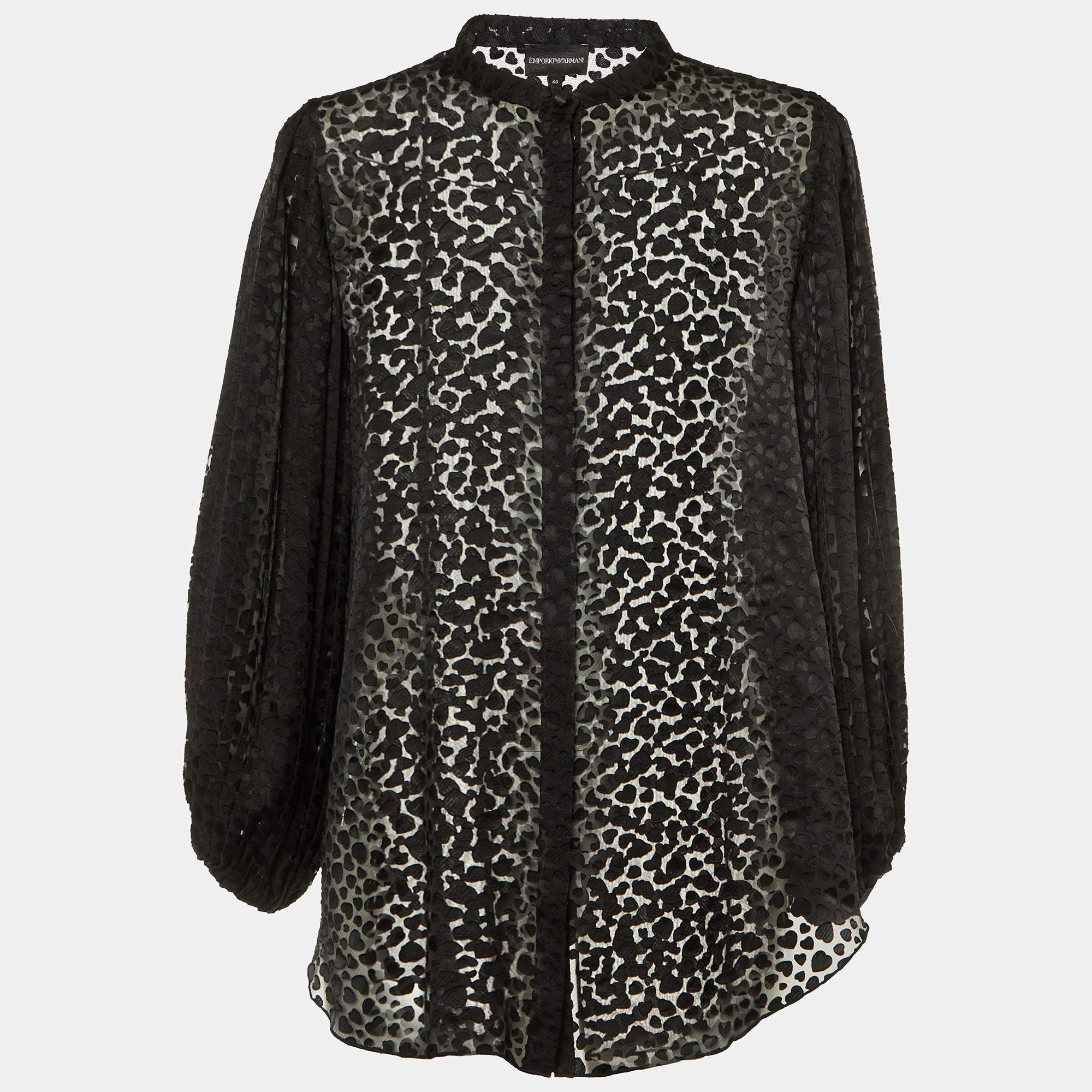 Pre Owned Emporio Armani Black Devore Pleated Sleeve Top XL