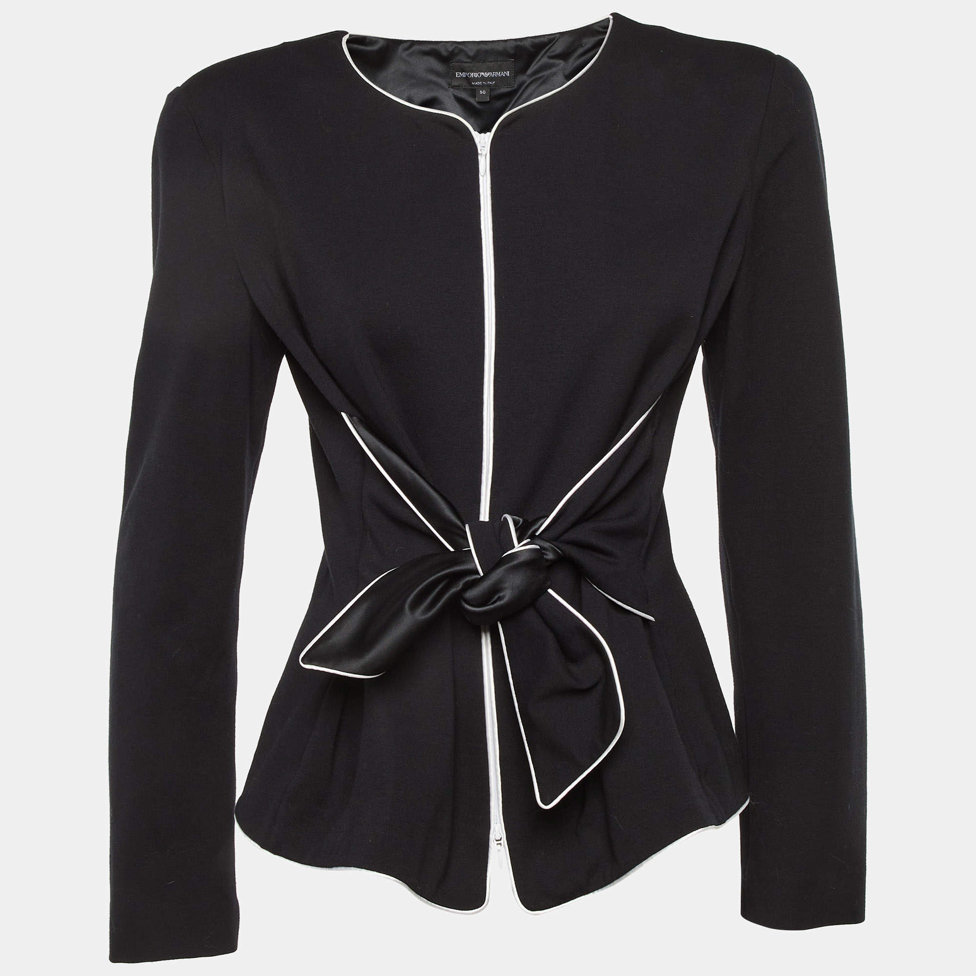 Pre Owned Emporio Armani Black Knit Tie Front Zip Up Jacket XL